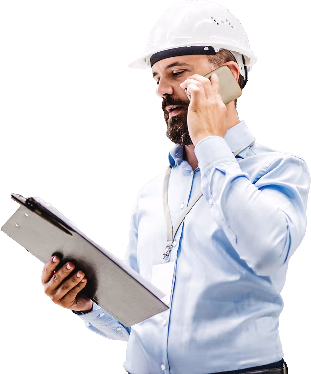 Person mit Klemmbrett telefoniert