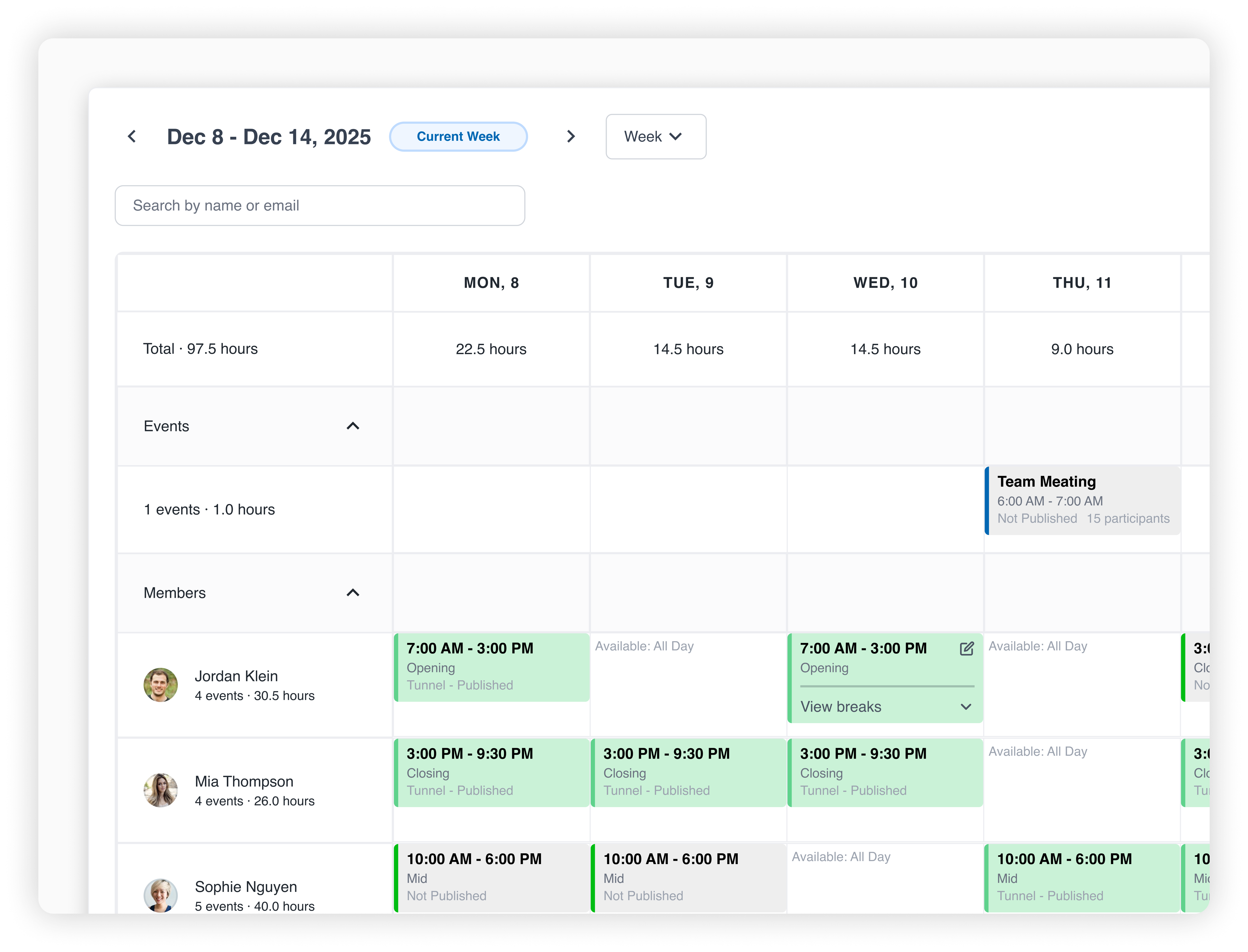 Weekly employee schedule view in WashUp’s car wash scheduling platform showing shifts, hours per day, team member assignments, and multi-location staffing details.