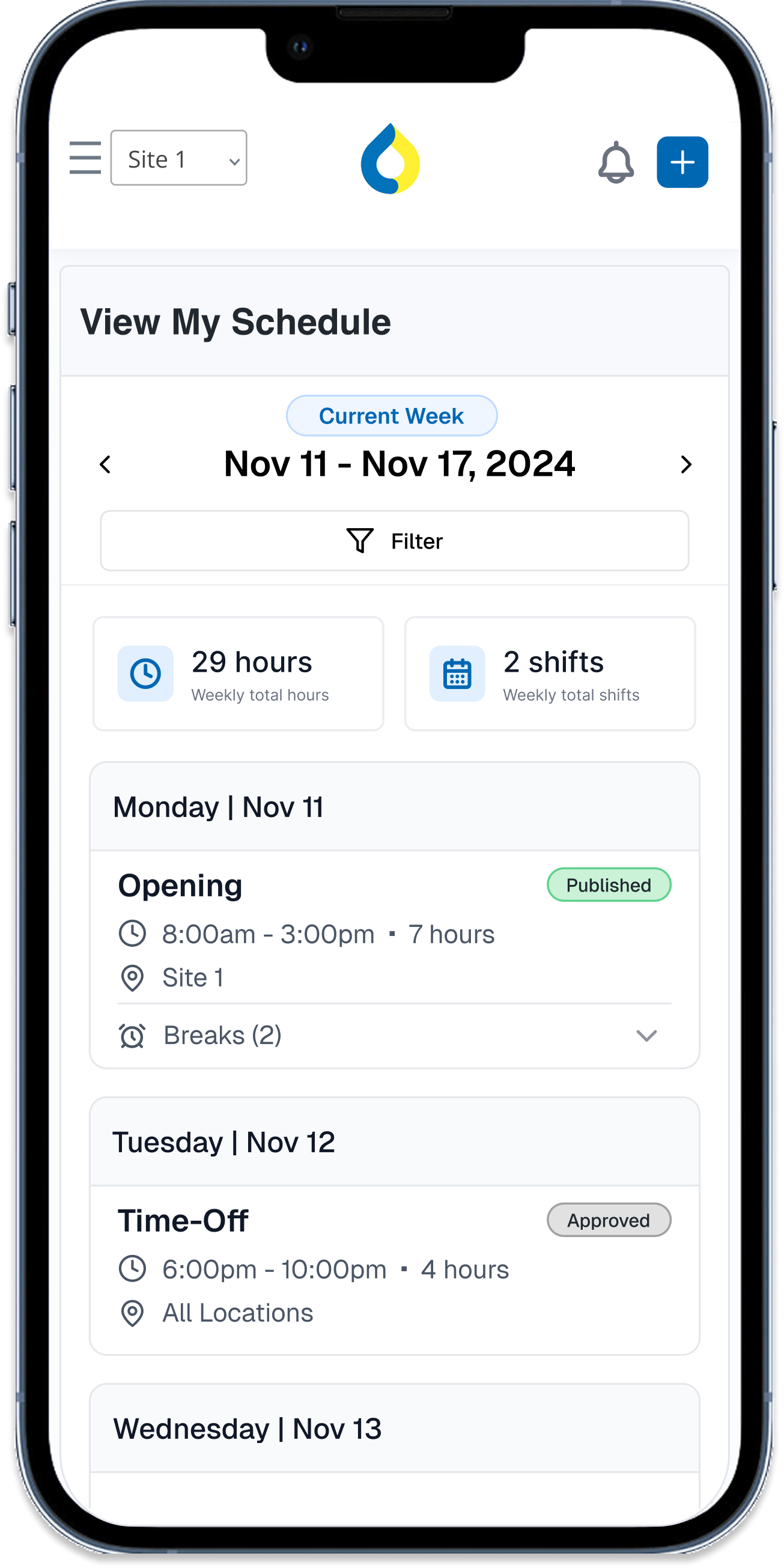 Mobile device displaying the "Employee Scheduler" section of the WashUp app.