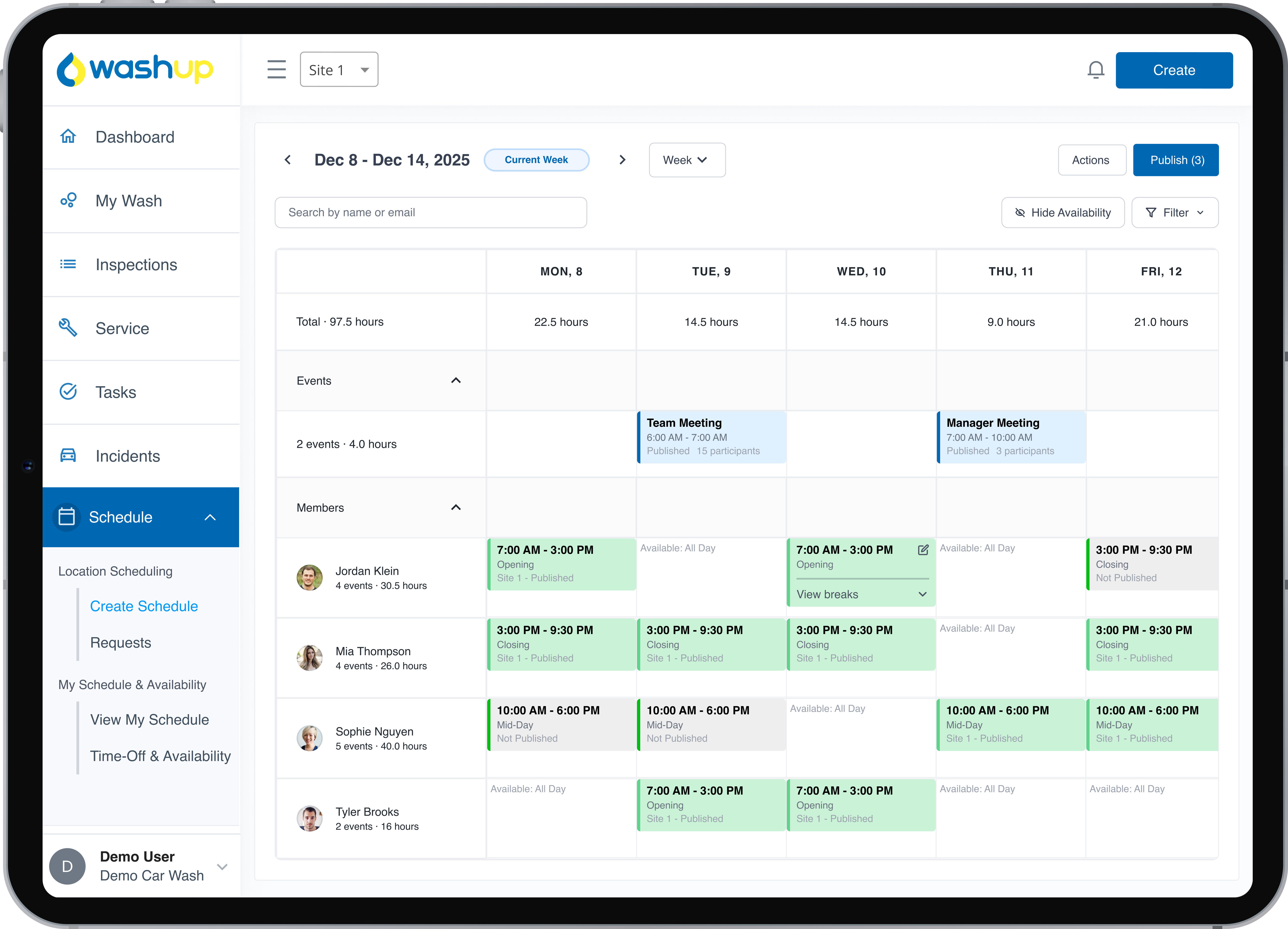 Tablet displaying the "Employee Scheduler" section of the WashUp app.