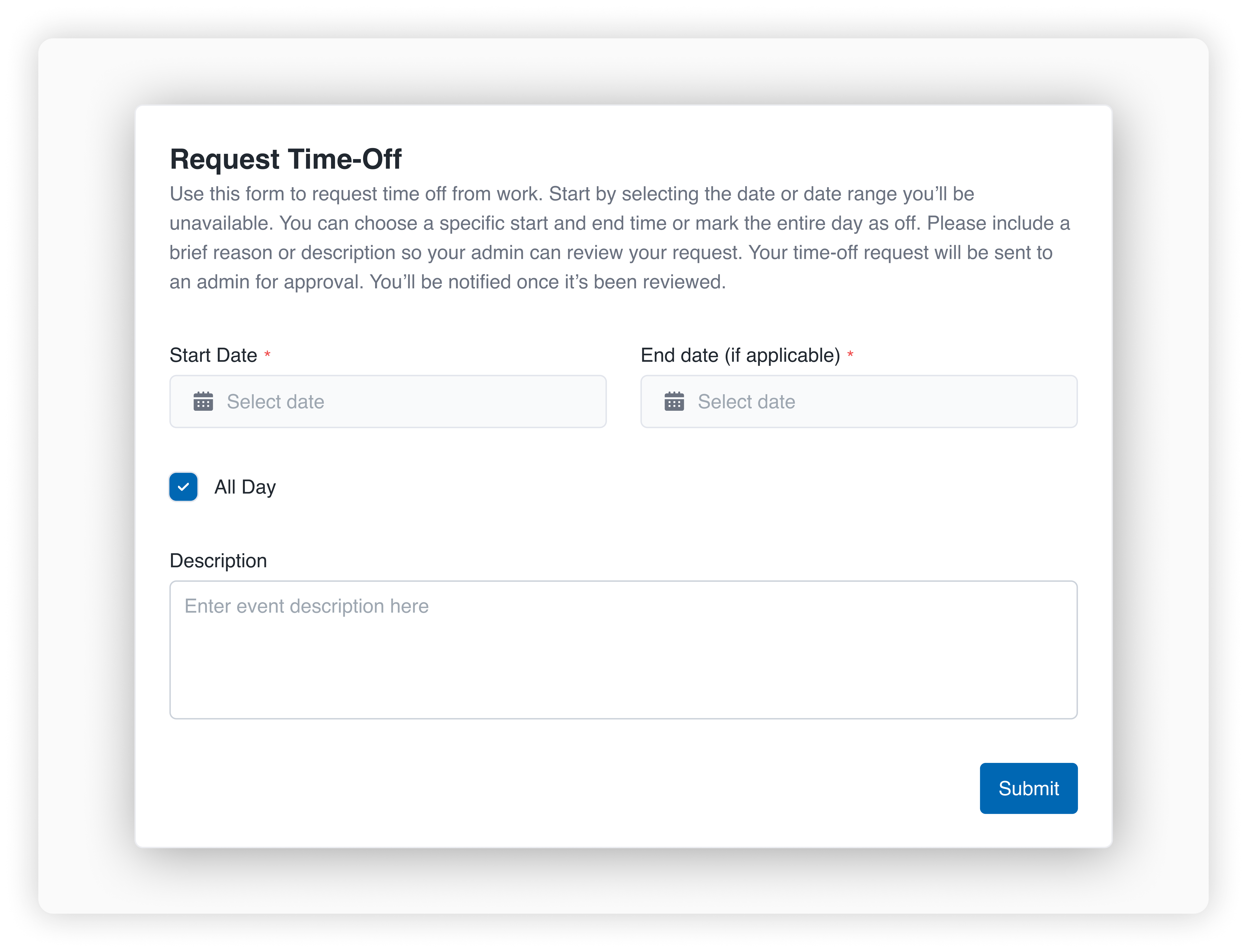 Employee time-off request form in WashUp’s scheduling system allowing workers to select dates, mark all-day availability, and submit requests for manager approval.