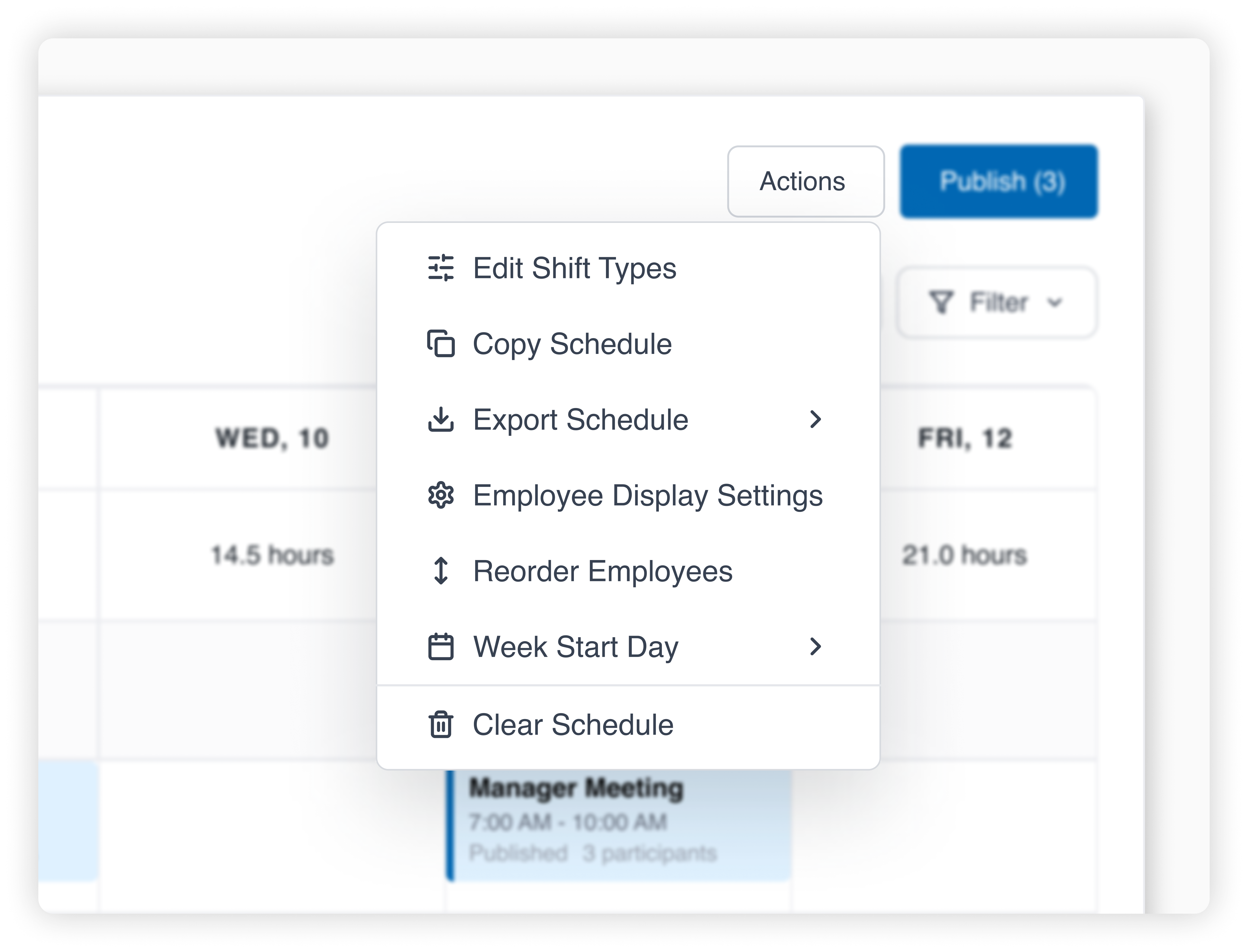 Actions menu in WashUp’s car wash employee scheduling software showing options to edit shift types, copy schedules, export schedules, reorder employees, and adjust workforce management settings.