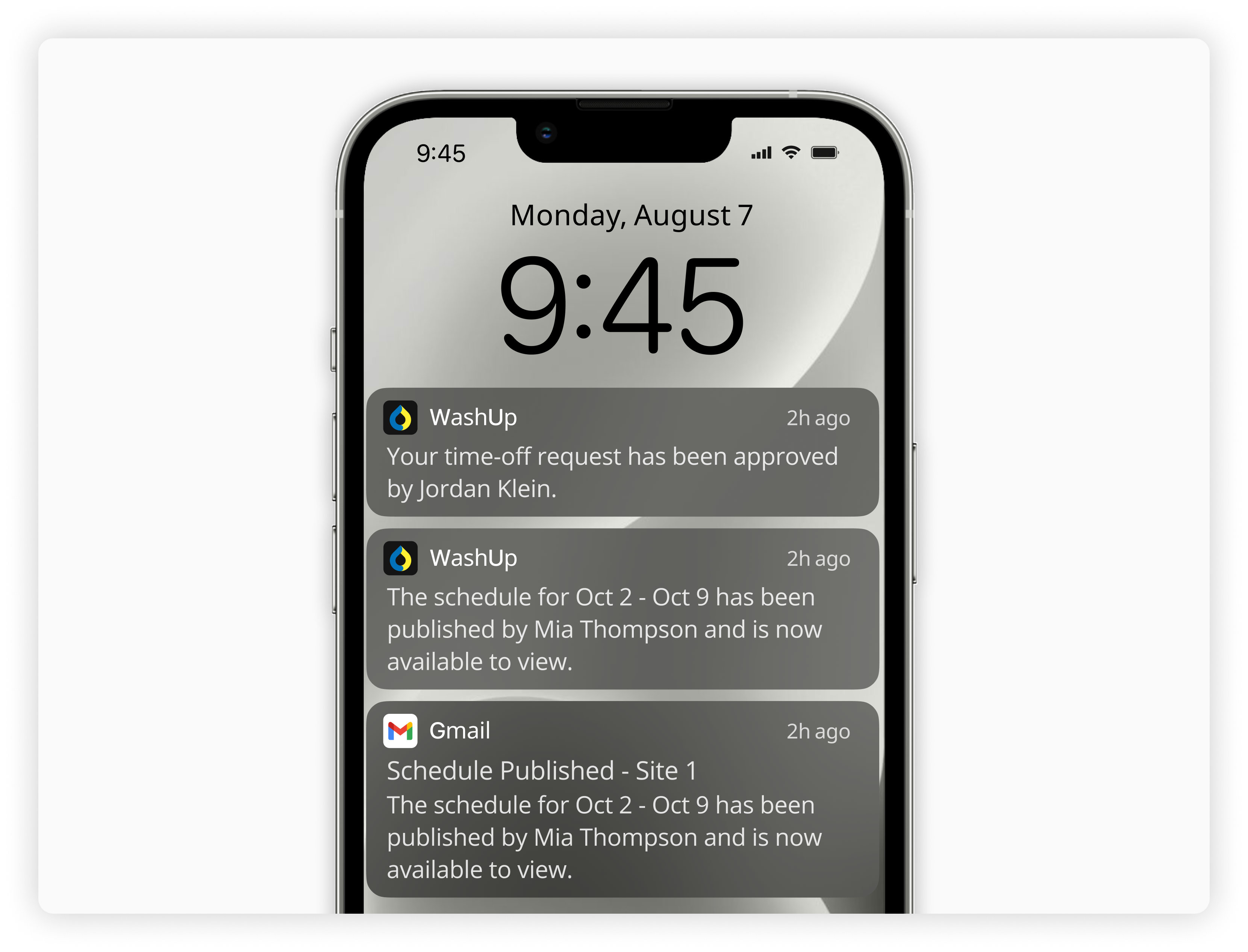 Automated mobile notifications from WashUp’s employee scheduling software showing a time-off approval and a newly published work schedule for car wash teams.