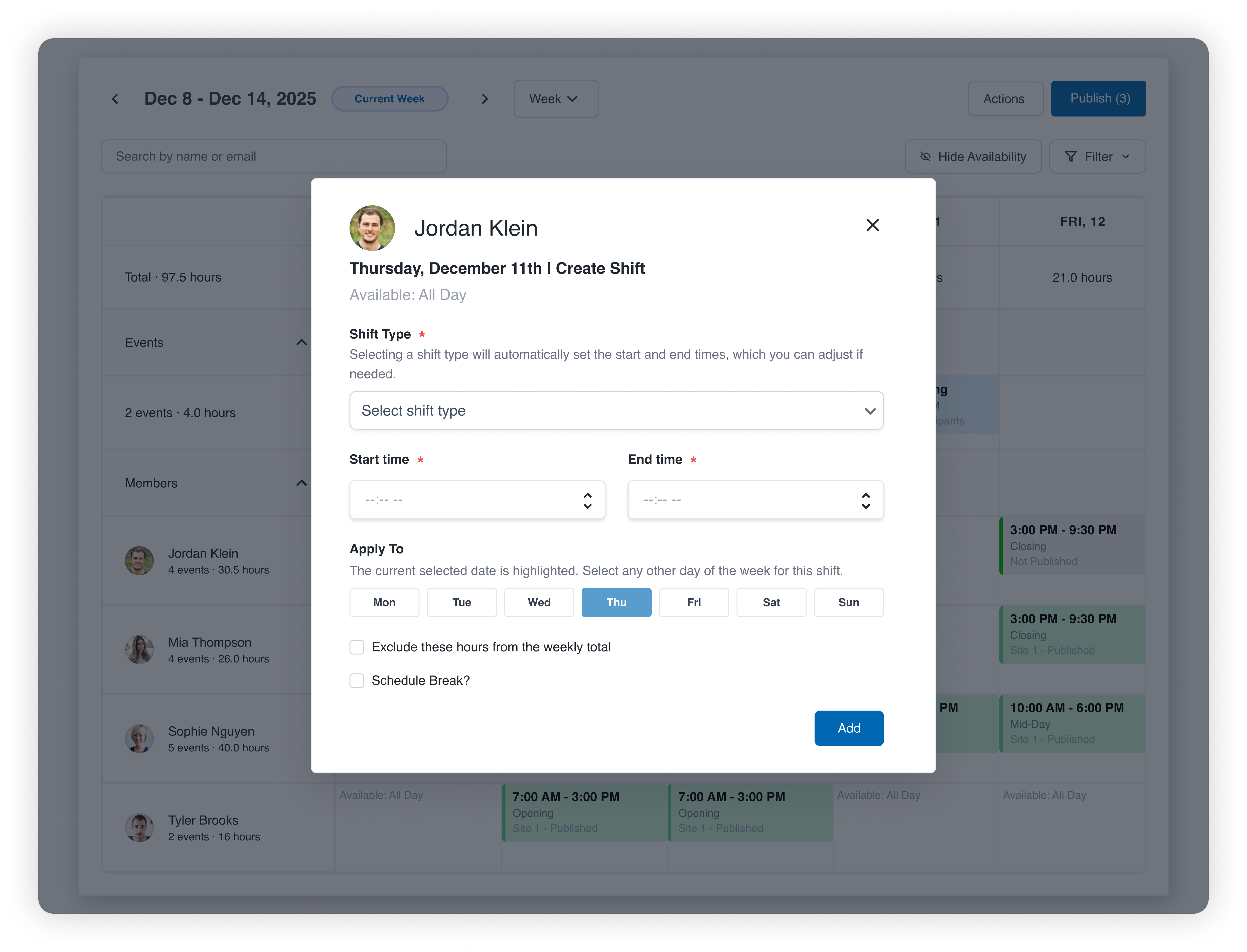 Create Shift modal in WashUp’s employee scheduler with shift type selection, start and end times, and weekly apply-to options for car wash shift planning.