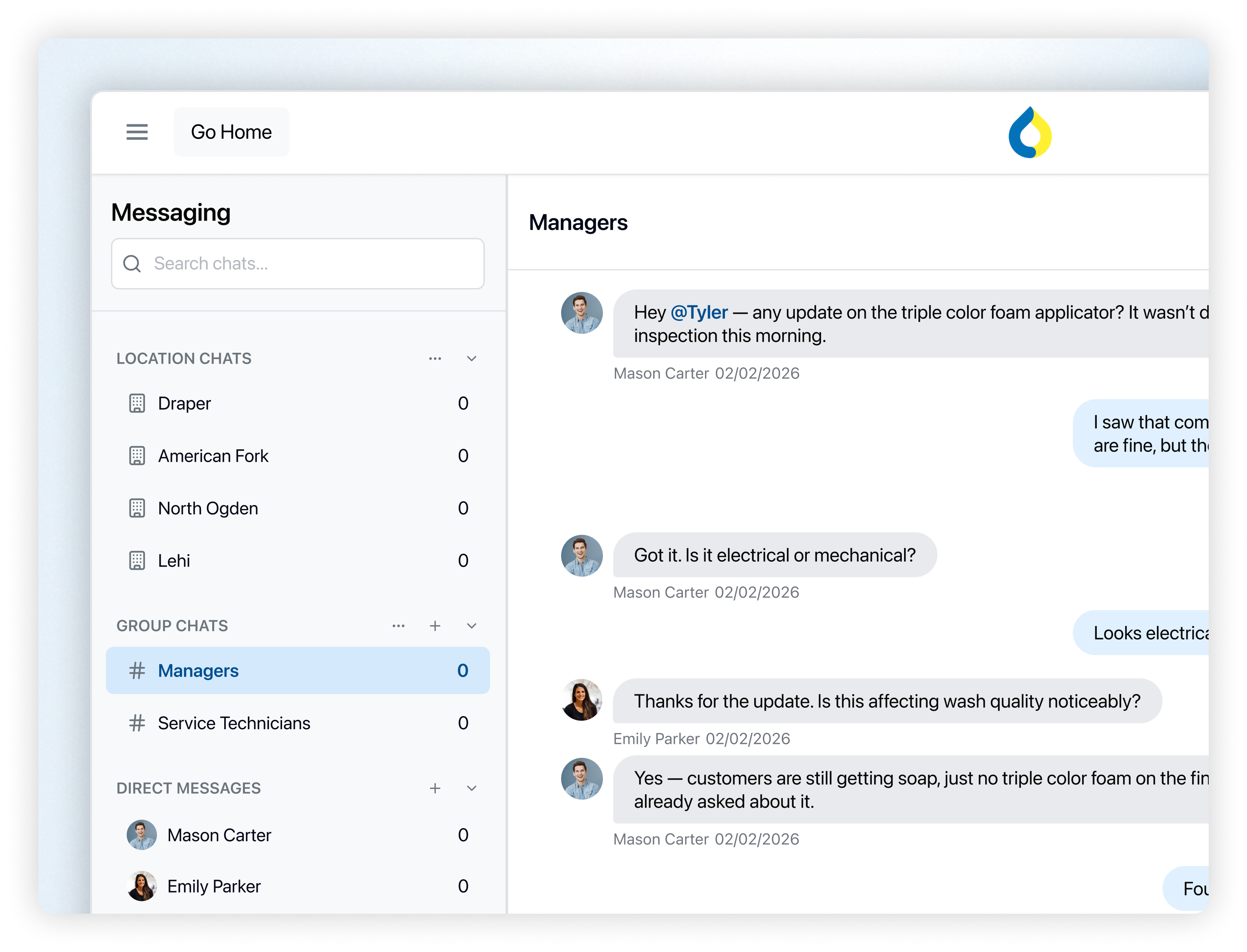 Car wash team messaging organized by location chats, group chats, and direct messages in WashUp’s Chat feature.