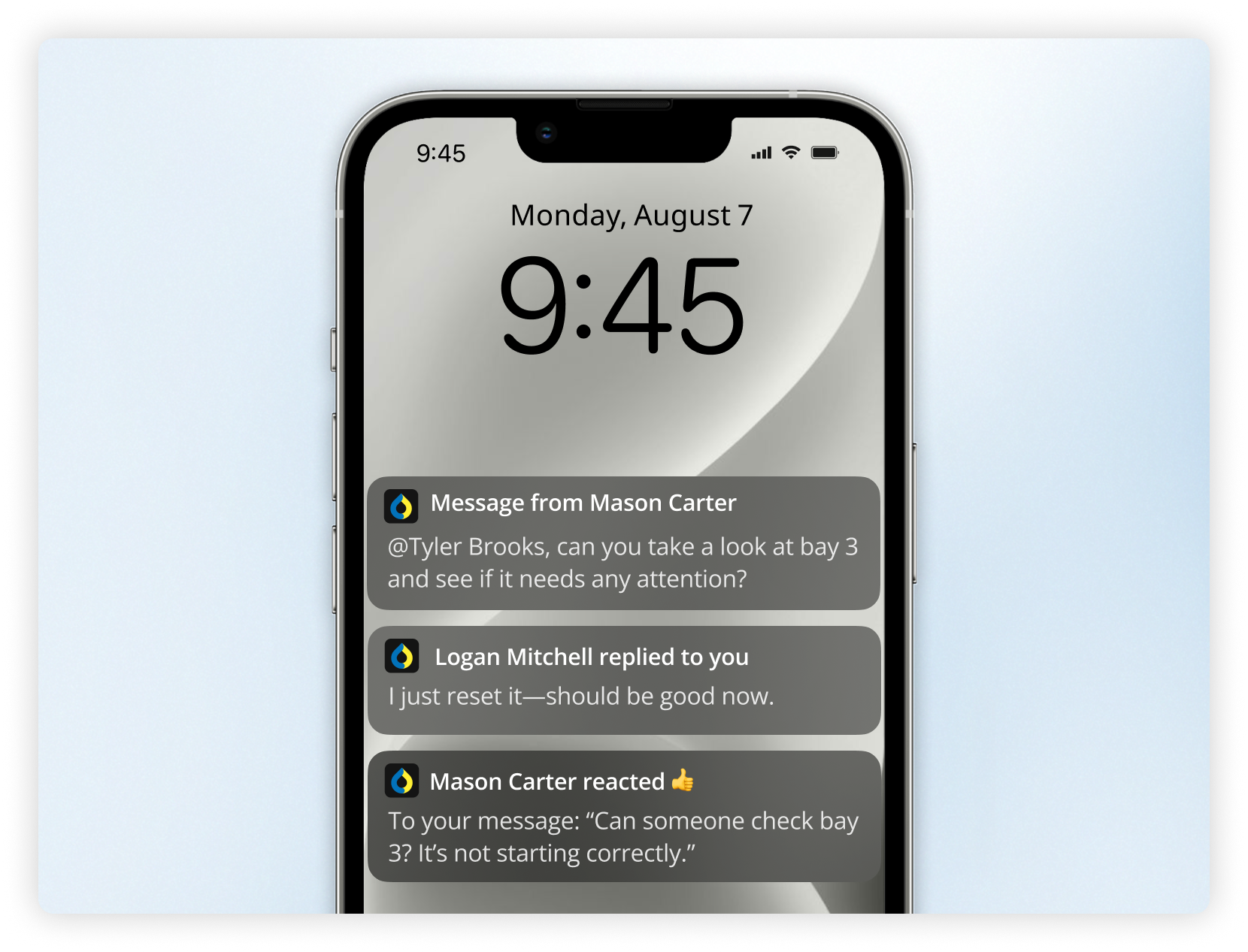 Mobile device showing push notifications from WashUp’s Chat feature for real-time notifications.