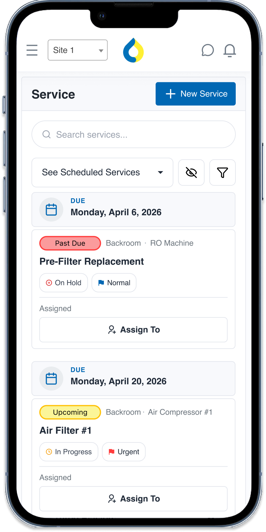 Mobile device displaying the "Services" section of the WashUp app.