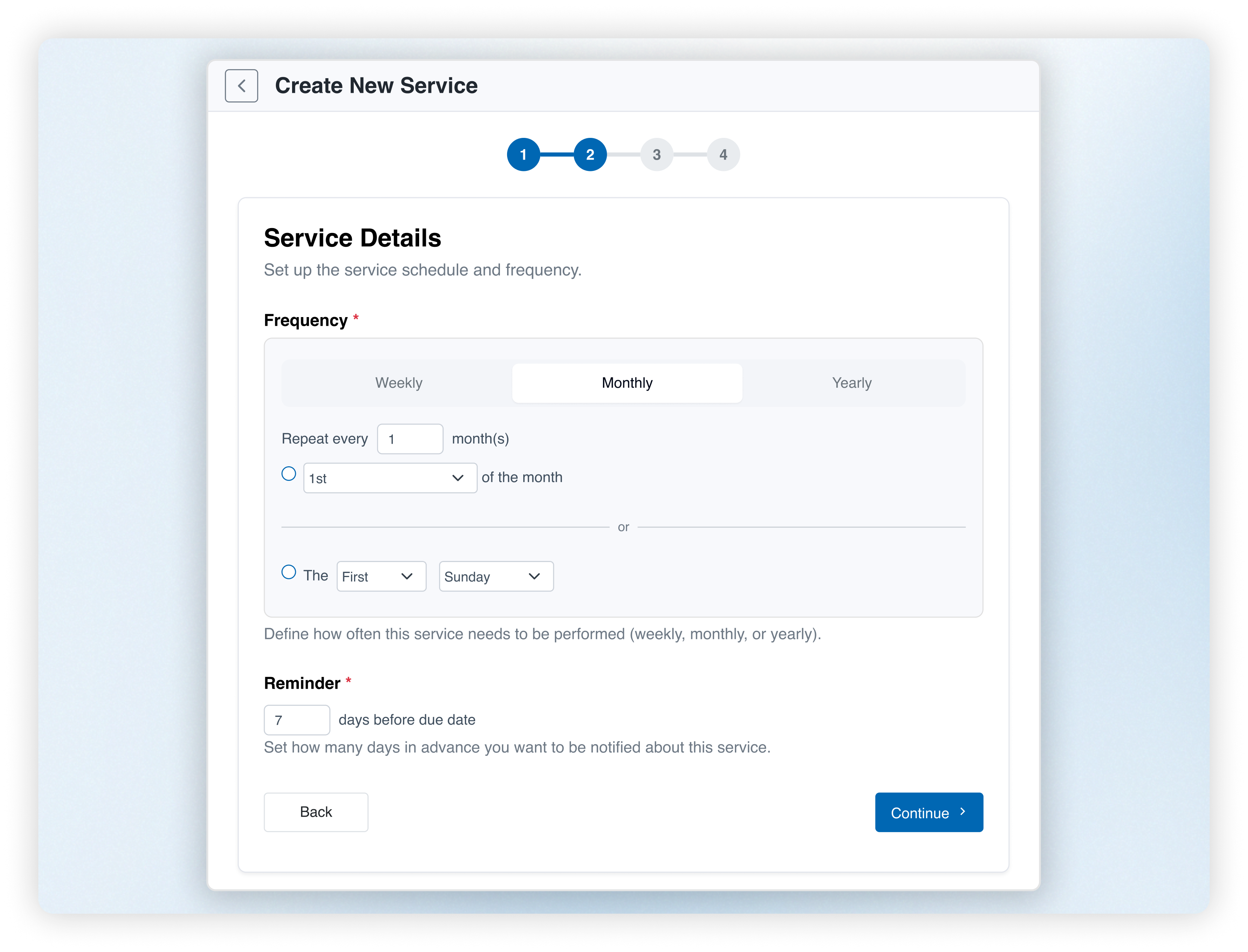 Recurring service schedule for RO Machine Pre-Filter replacement shown in WashUp's Services feature.