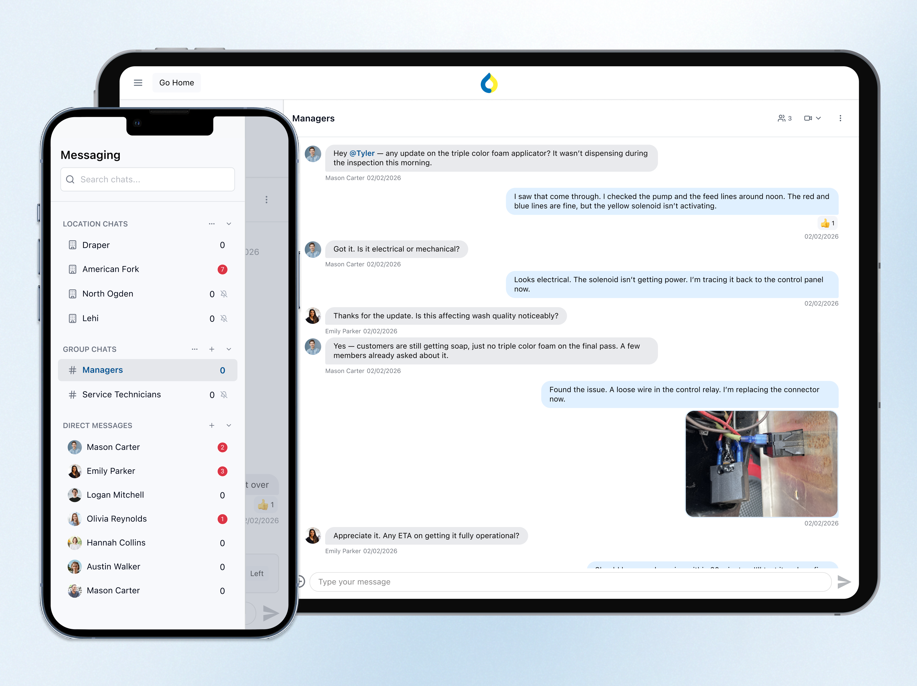 WashUp car wash management app chat feature showing location chats, group messaging, and team communication on mobile device and tablet