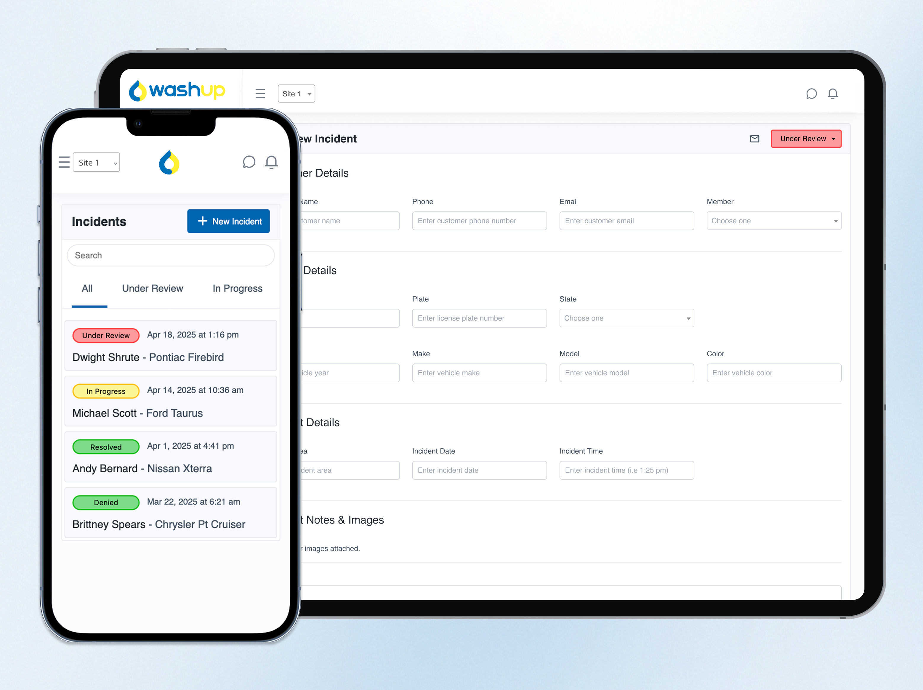WashUp car wash incident reporting and damage claim tracking software showing incident list and new incident form on mobile device and tablet