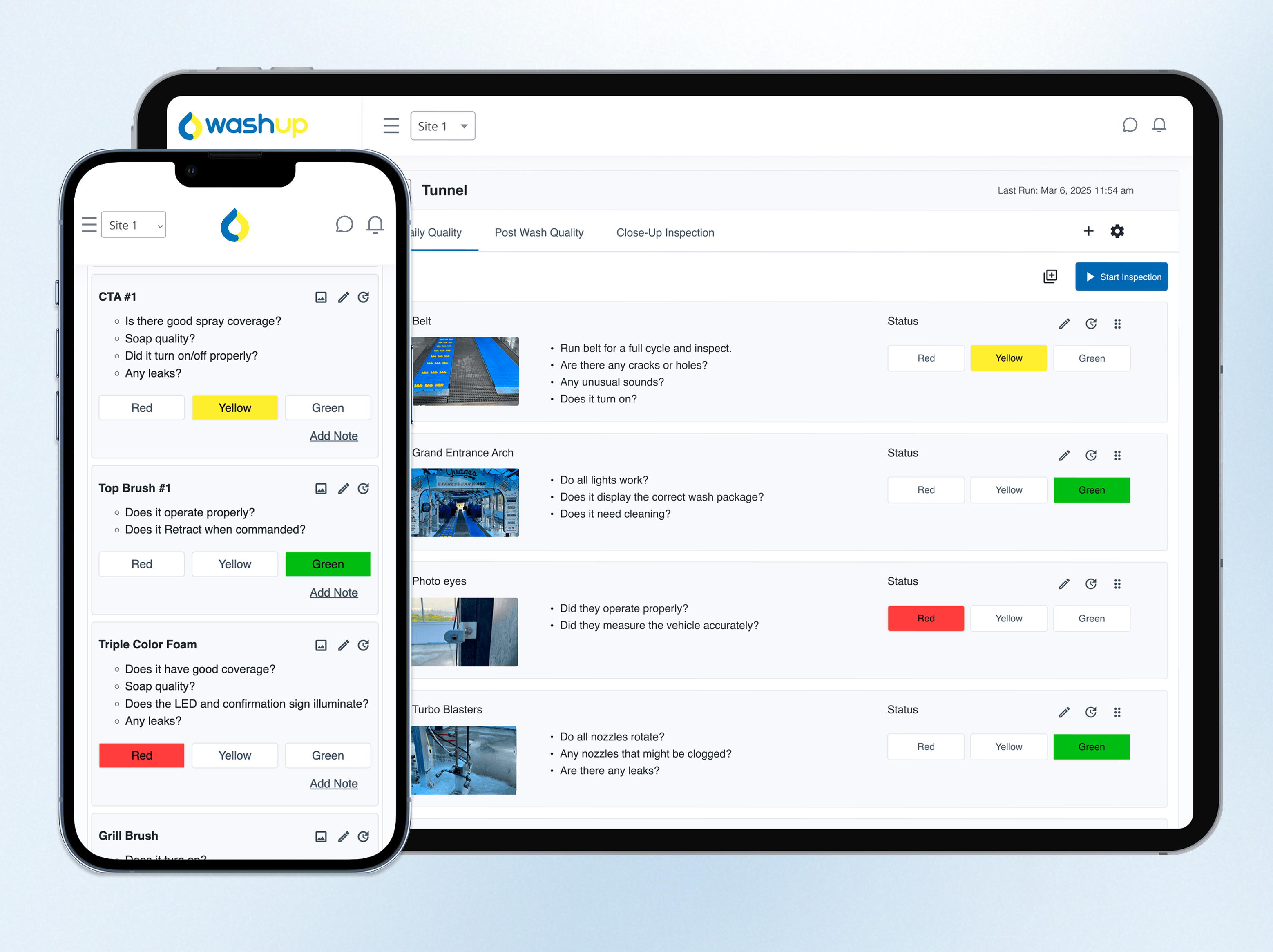 WashUp car wash inspection app showing Red Yellow Green quality ratings for tunnel equipment including belt, brushes, and foam applicators on mobile device and tablet