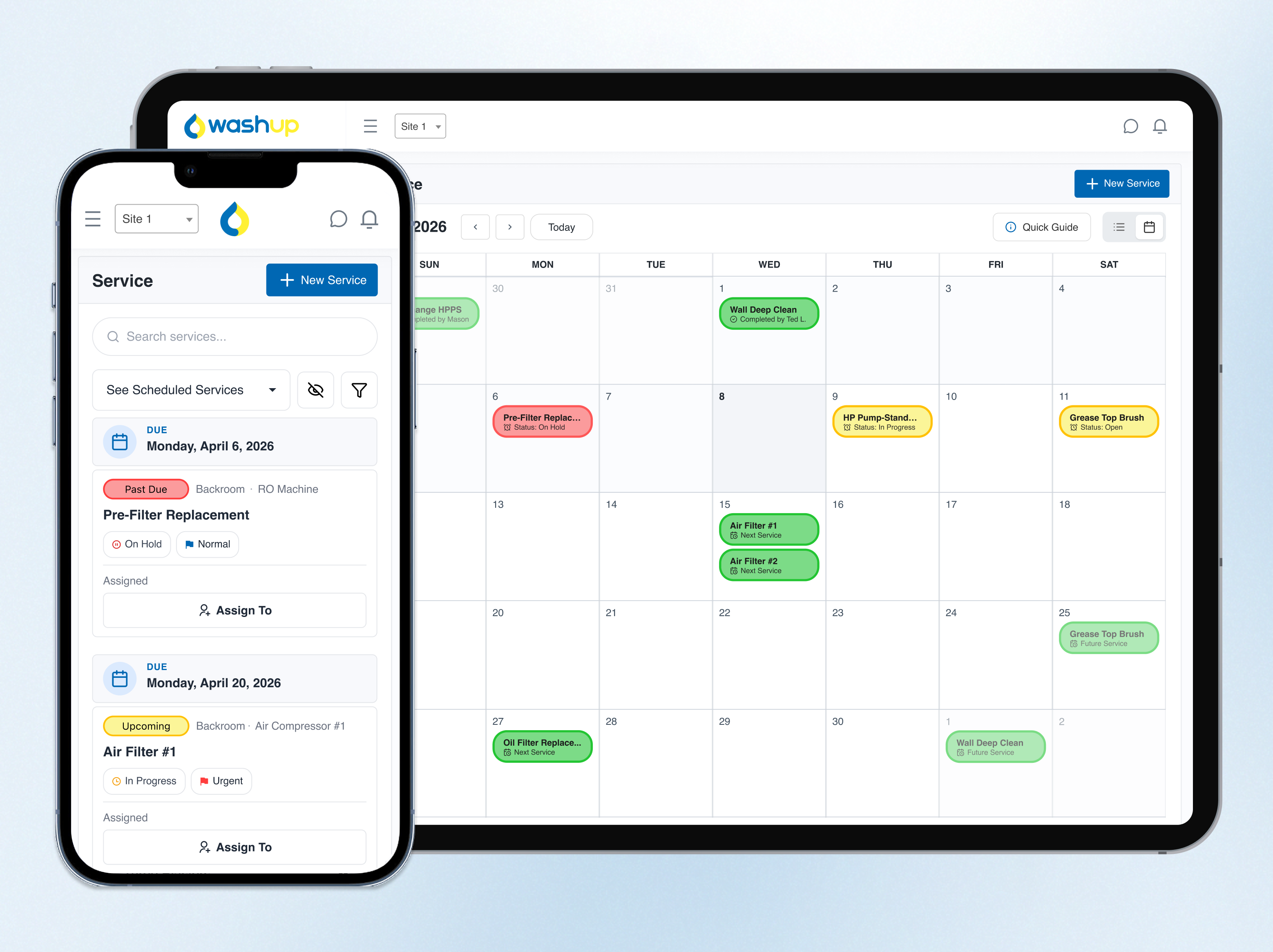 WashUp preventive maintenance software for car washes showing monthly service calendar with scheduled, in progress, and past due equipment maintenance on mobile device and tablet