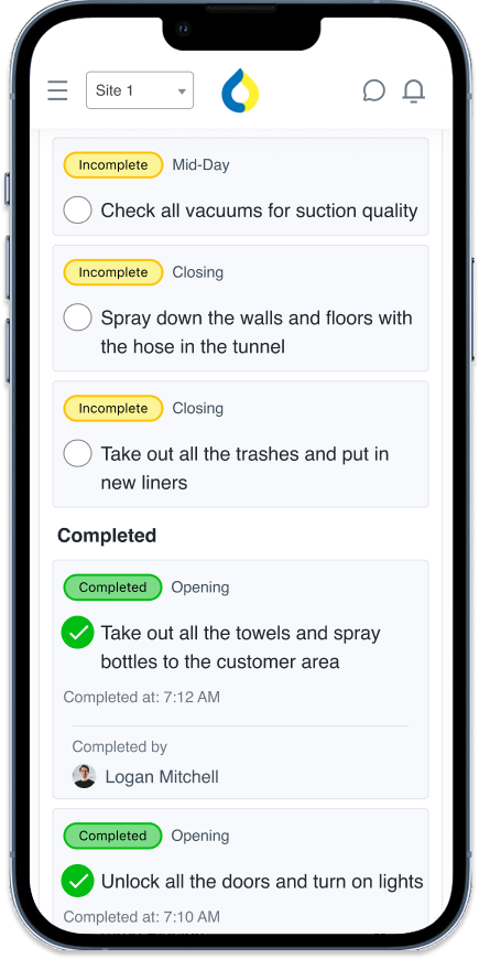 Mobile device displaying the "Tasks" section of the WashUp app.