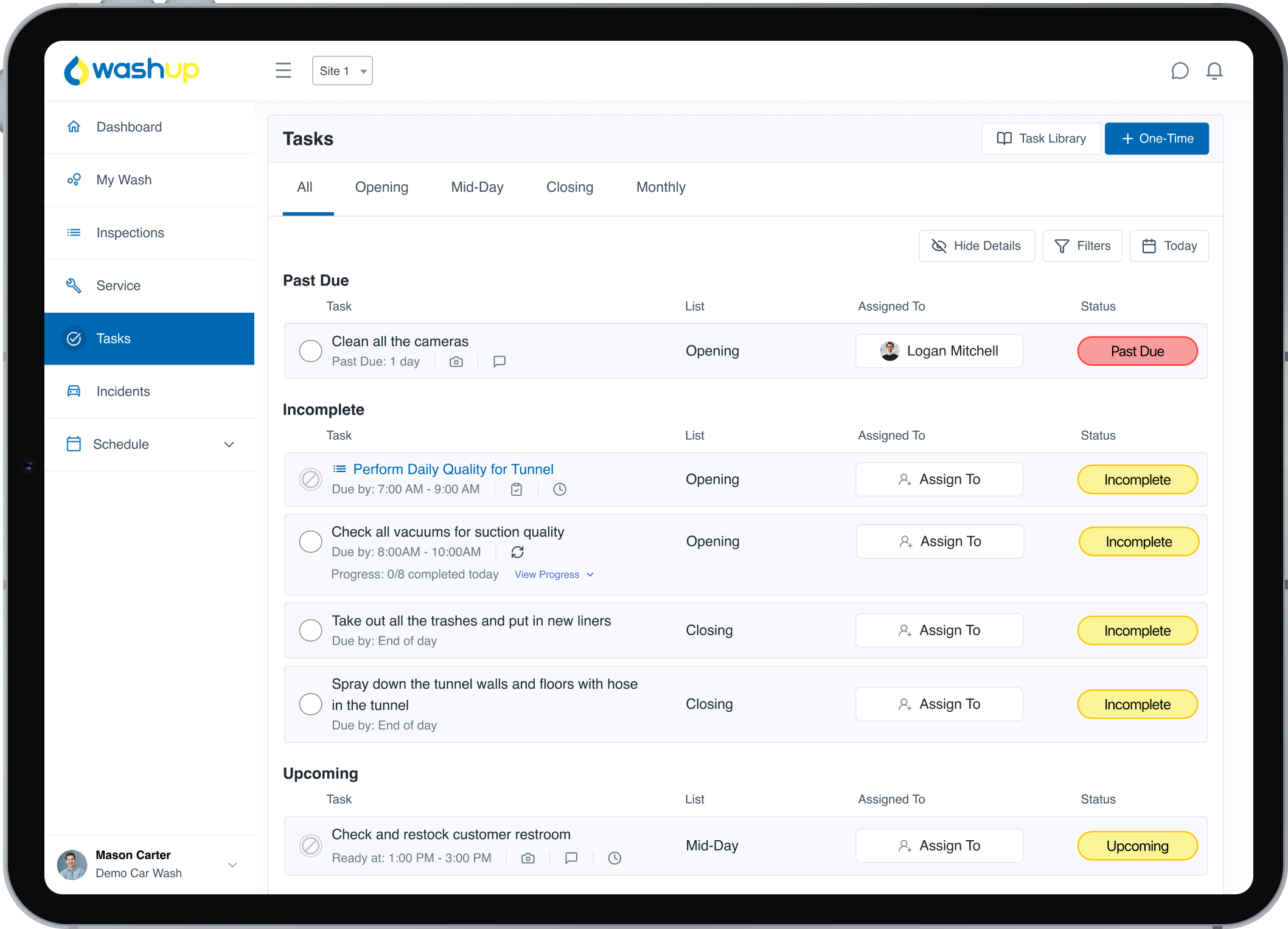 Tablet displaying the "Tasks" section of the WashUp app.