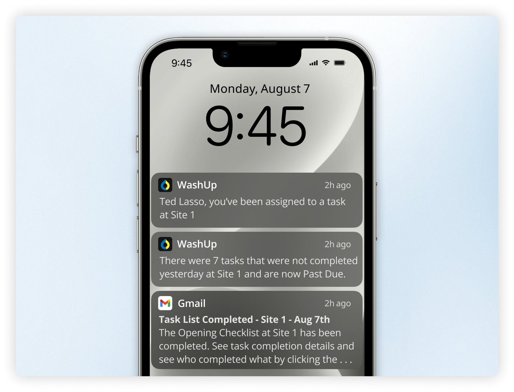 Mobile device showing push and email alerts from WashUp’s Tasks feature for real-time notifications.