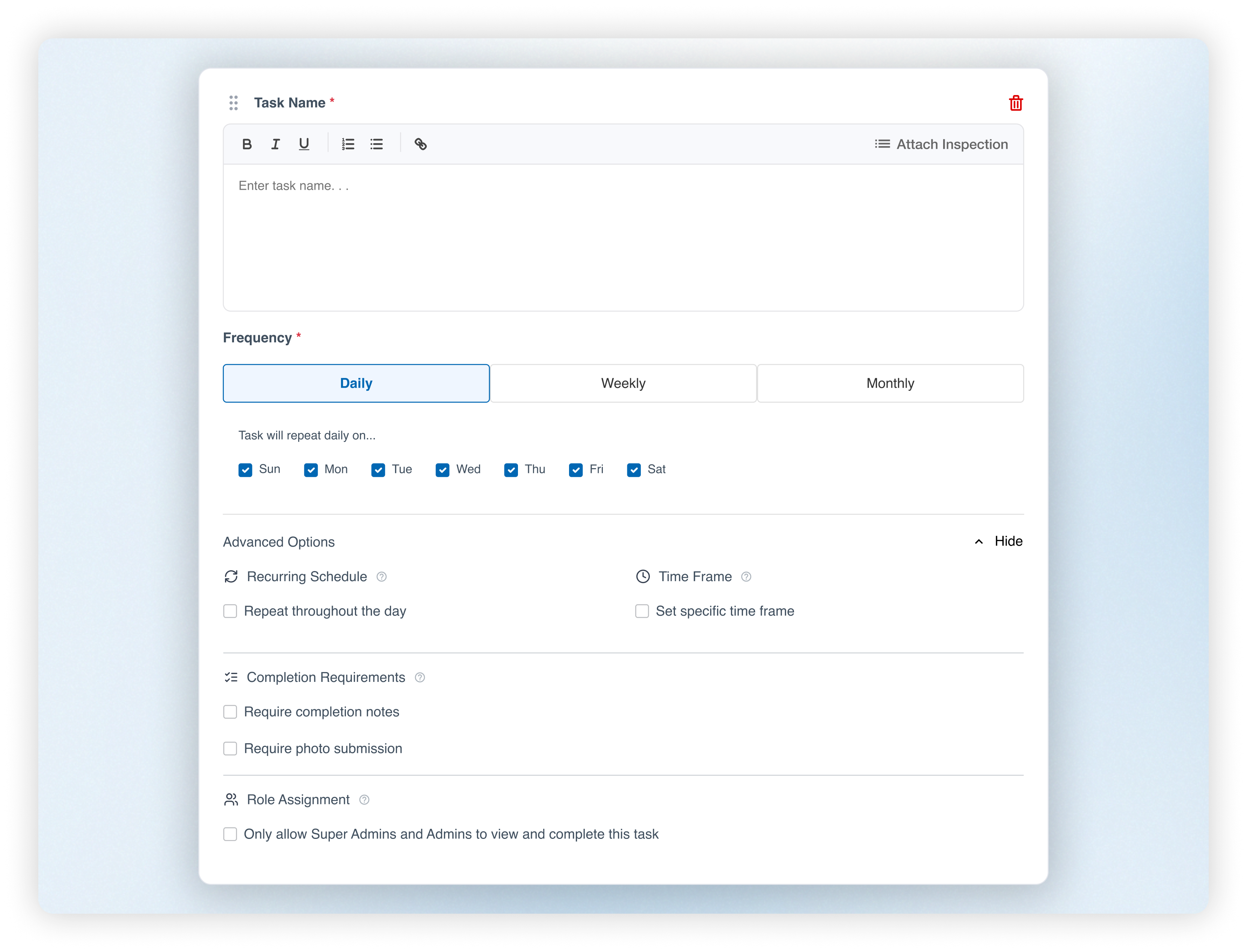 New task being added to a car wash’s opening checklist with daily, weekly, or monthly frequency options in WashUp’s Tasks feature.