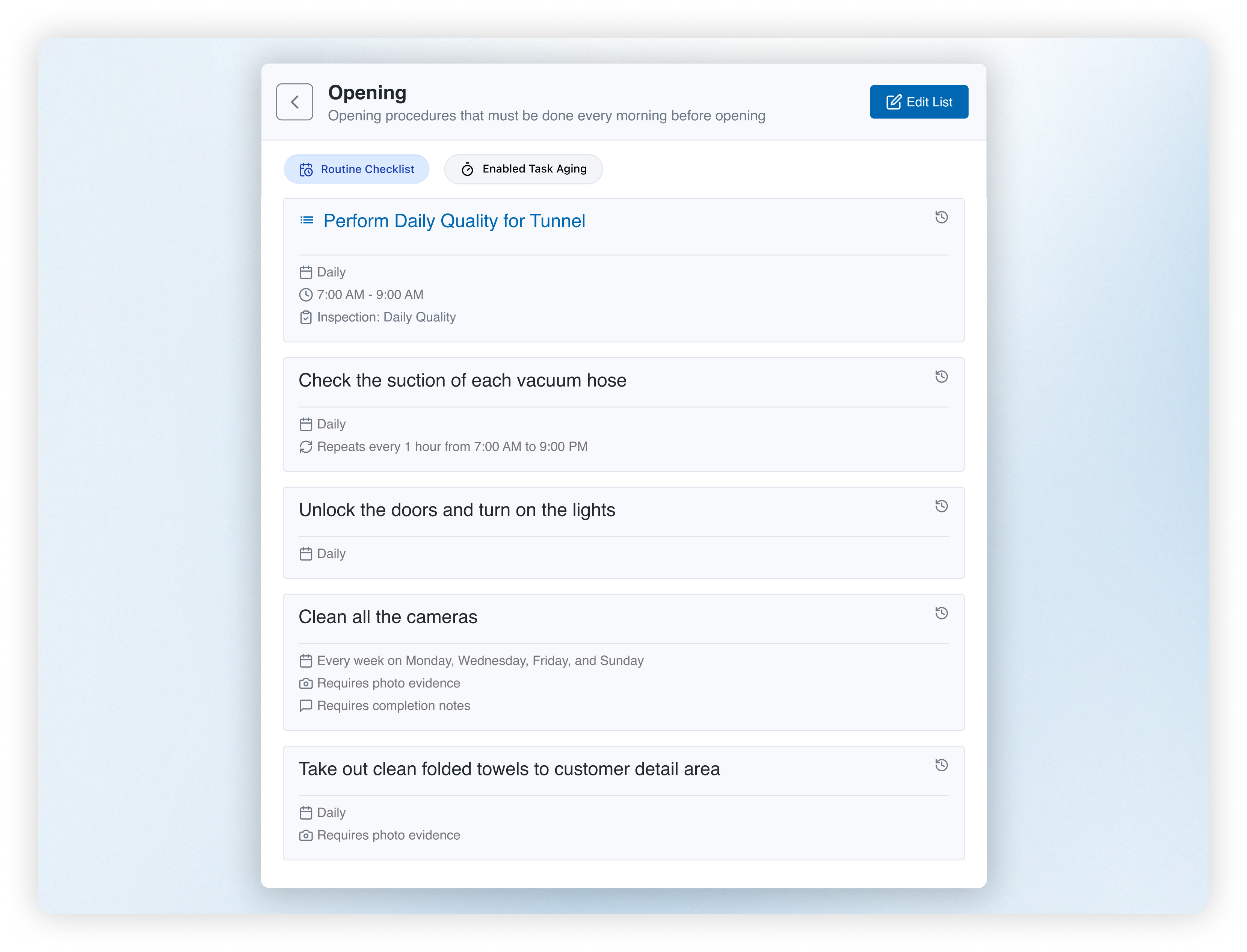 Car wash closing procedures displayed in WashUp’s Tasks list view with task frequencies marked as daily, weekly, or monthly.