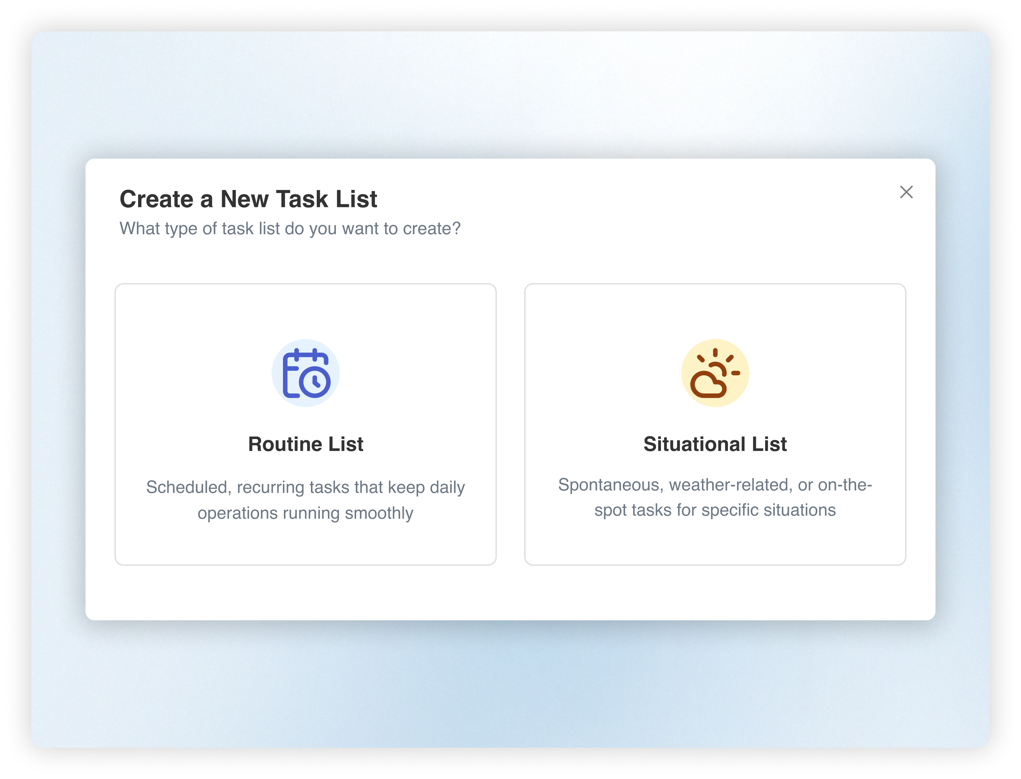 New task list being created with the options to create a "Routine List" or an "Situational List" in WashUp's Tasks feature.