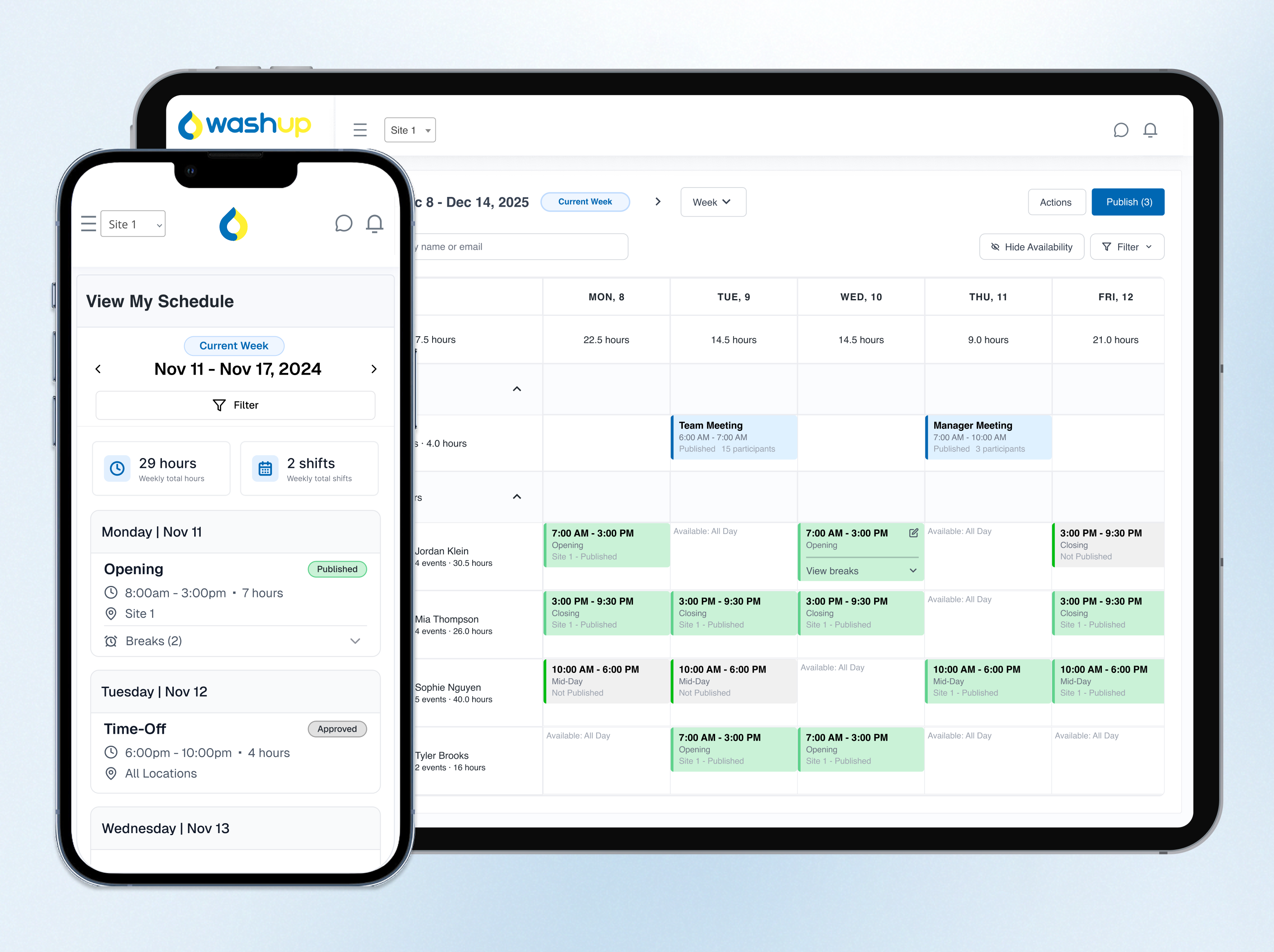 WashUp employee scheduling software for car wash businesses showing weekly shift calendar and employee schedules on mobile device and tablet