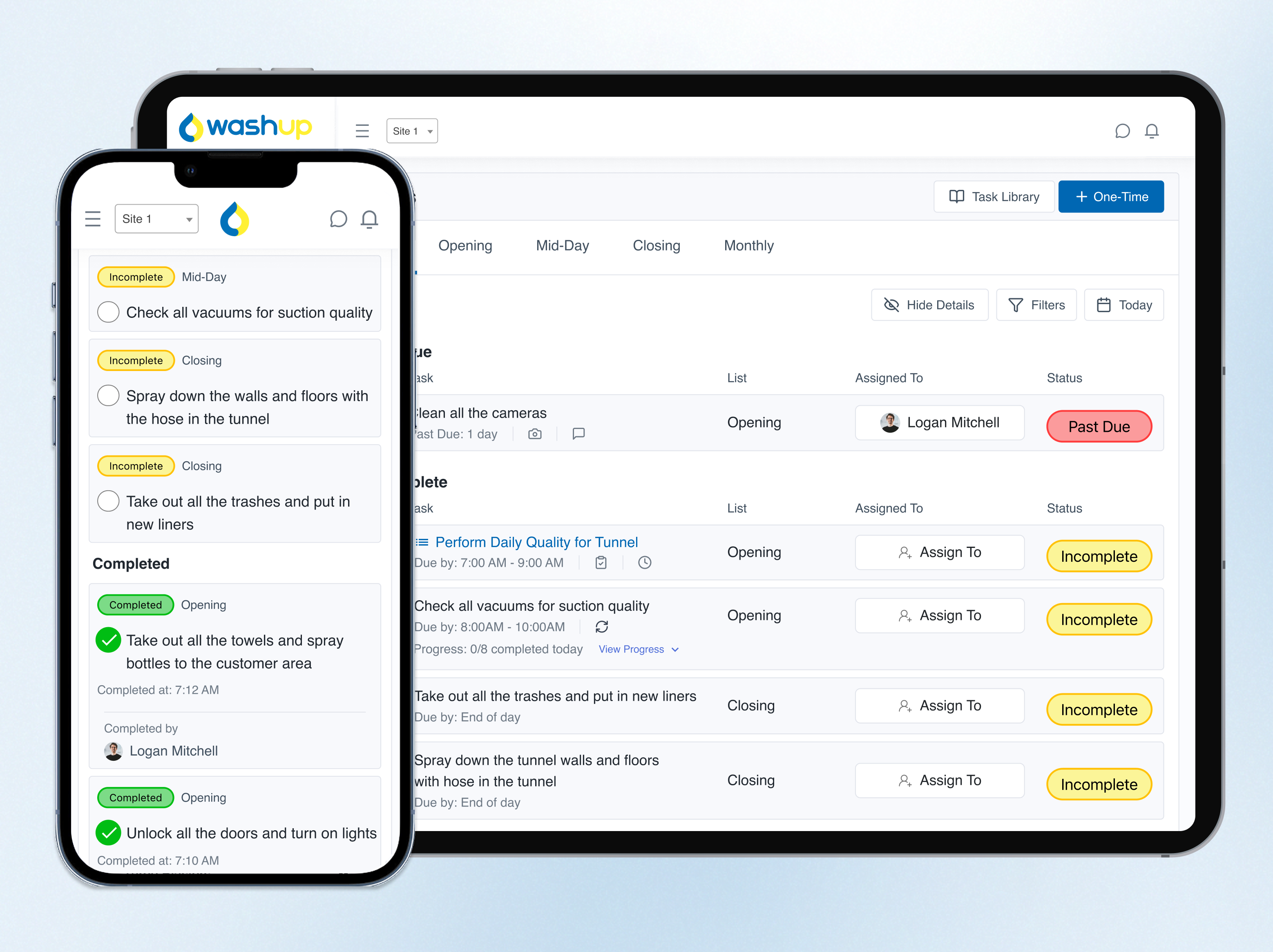 WashUp car wash task management app showing opening checklist with completed and incomplete daily tasks for car wash teams on mobile device and tablet