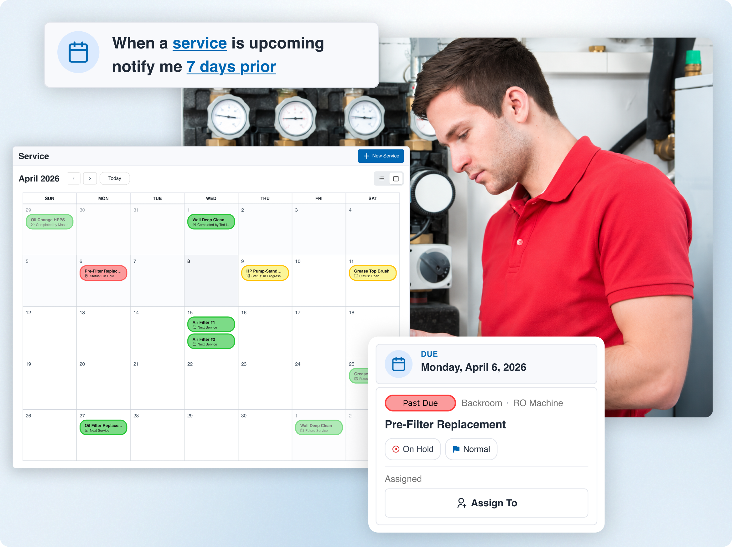 Preventive maintenance schedule for car wash equipment with service reminders, due dates, and recurring tasks.