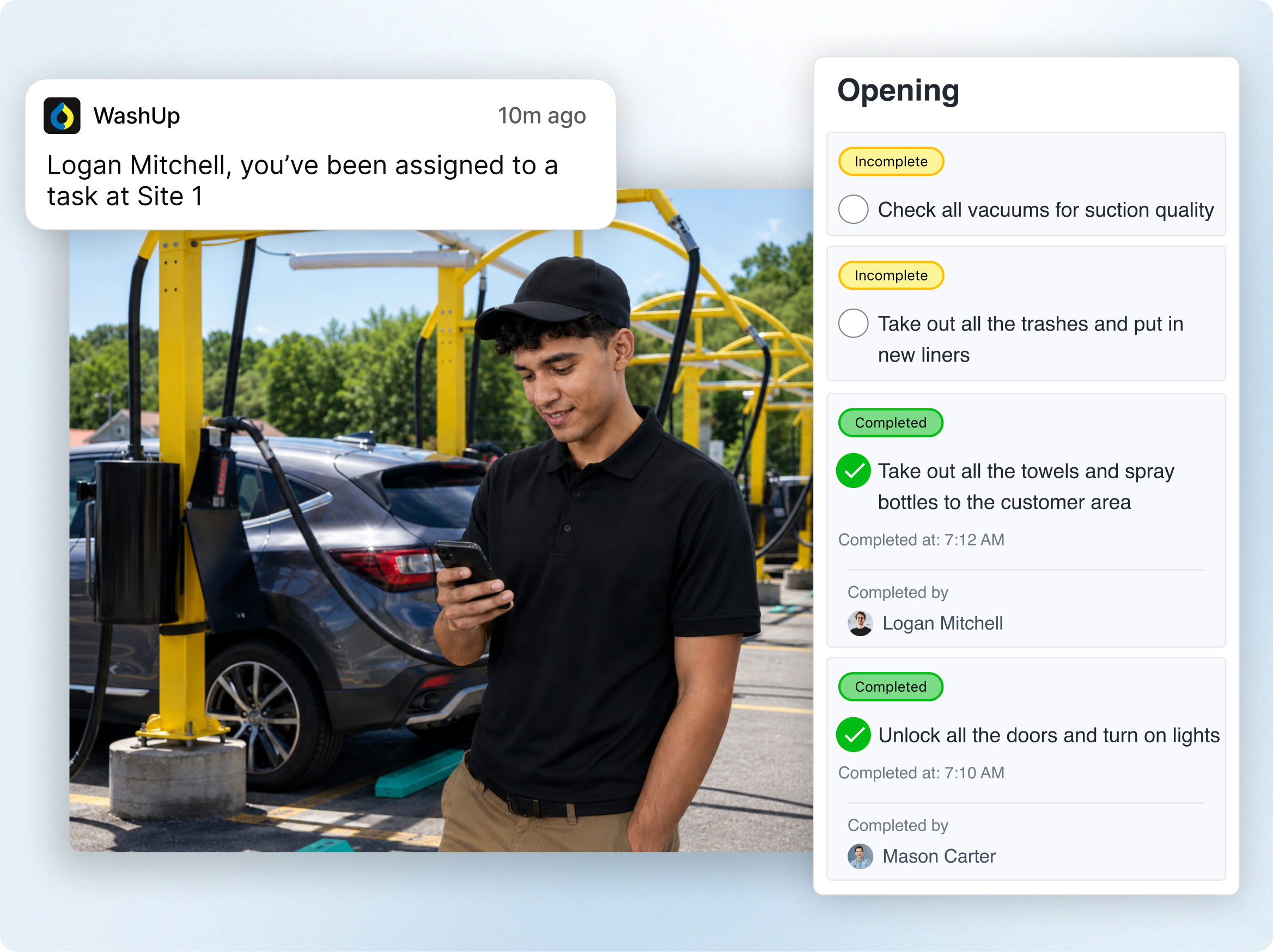 Car wash employee completing digital opening checklist tasks in WashUp with real-time assignment tracking.