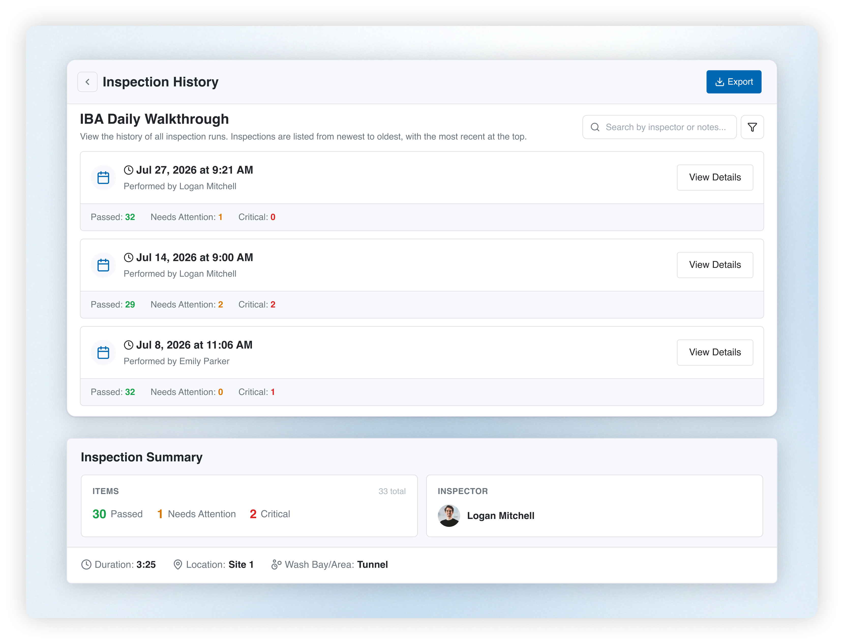 Custom inspection setup for Tunnel, In-Bay, Self Serve, and Pet Wash systems in WashUp’s Inspections feature.