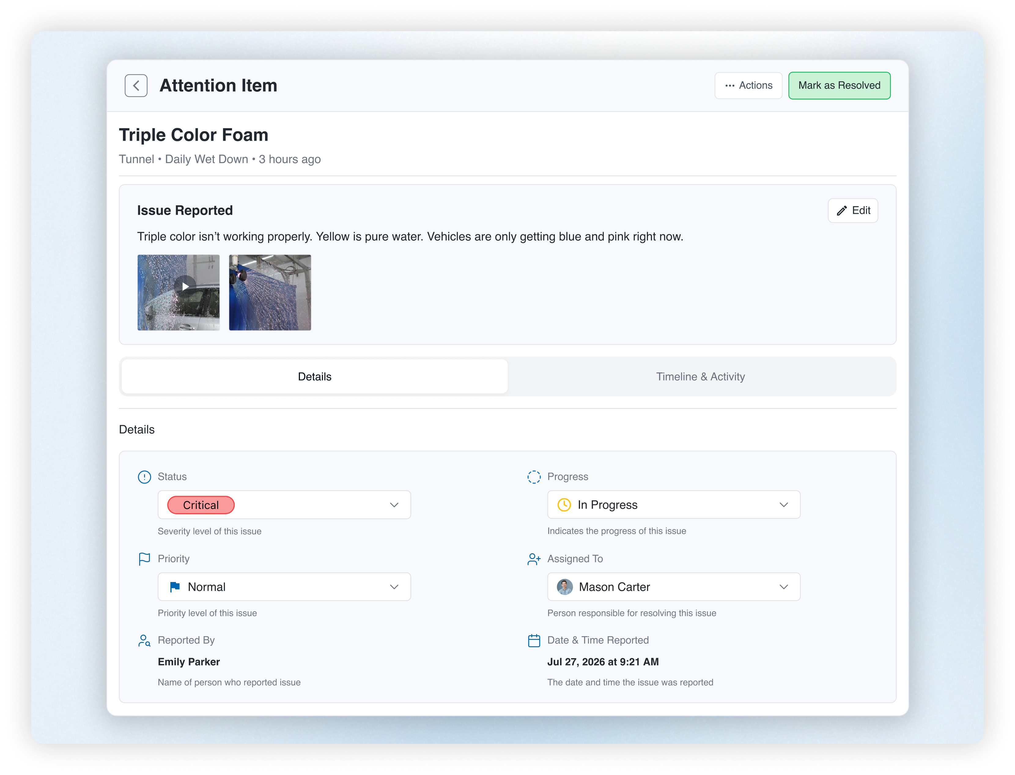 WashUp attention item details showing a critical triple-color foam issue with attached media, progress, priority, assignee, reporter, and resolution controls.