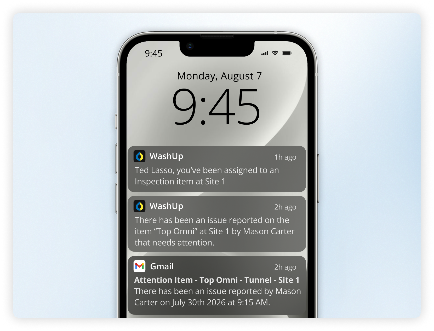 Mobile device showing push and email alerts from WashUp’s Inspections feature for real-time issue notifications.
