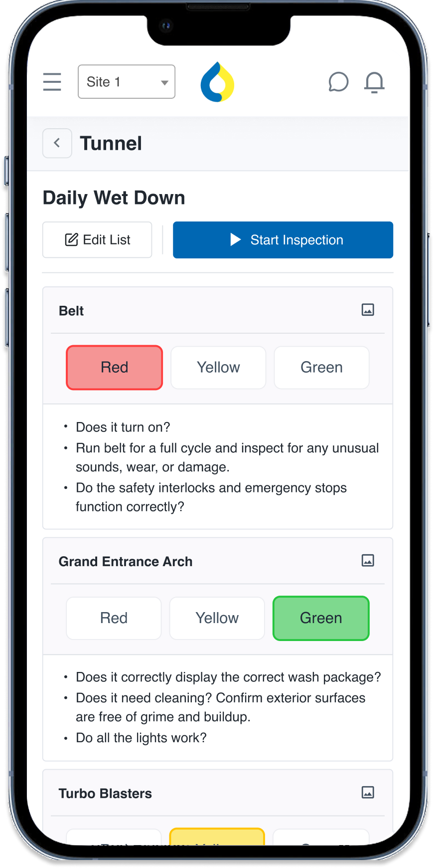 Mobile device displaying the "Inspections" section of the WashUp app.