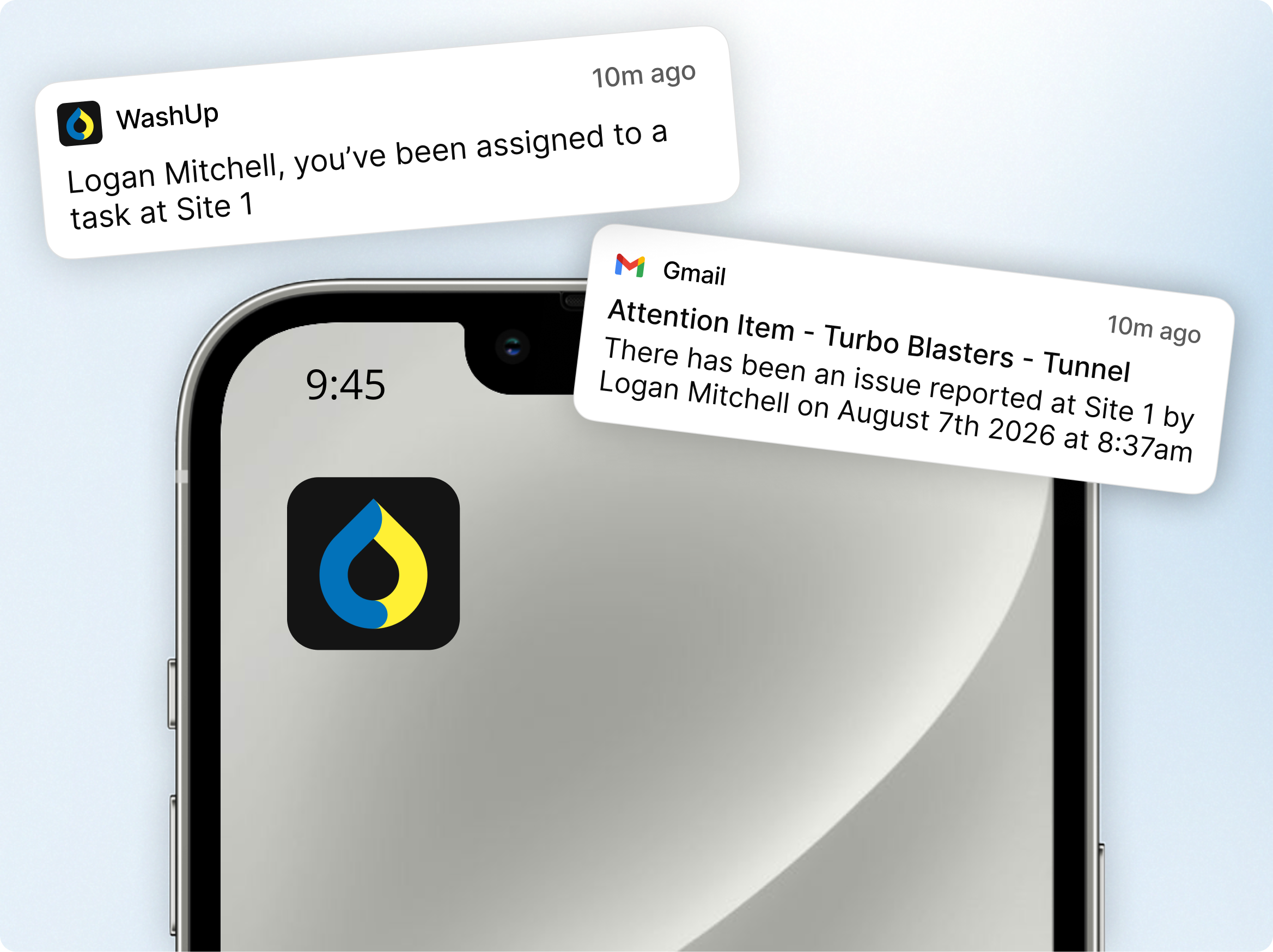 WashUp mobile app on a smartphone with notifications for a newly assigned task and a reported Turbo Blasters inspection issue.