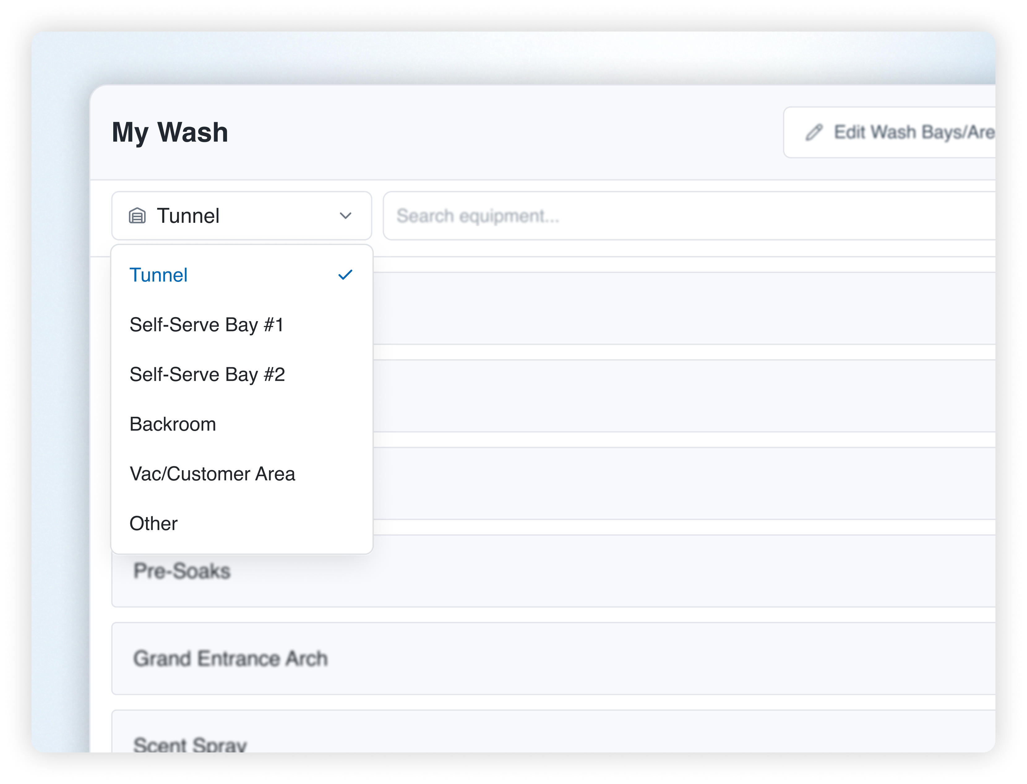 WashUp My Wash dashboard organizing car wash equipment by tunnel, self-serve bays, backroom, and customer areas.