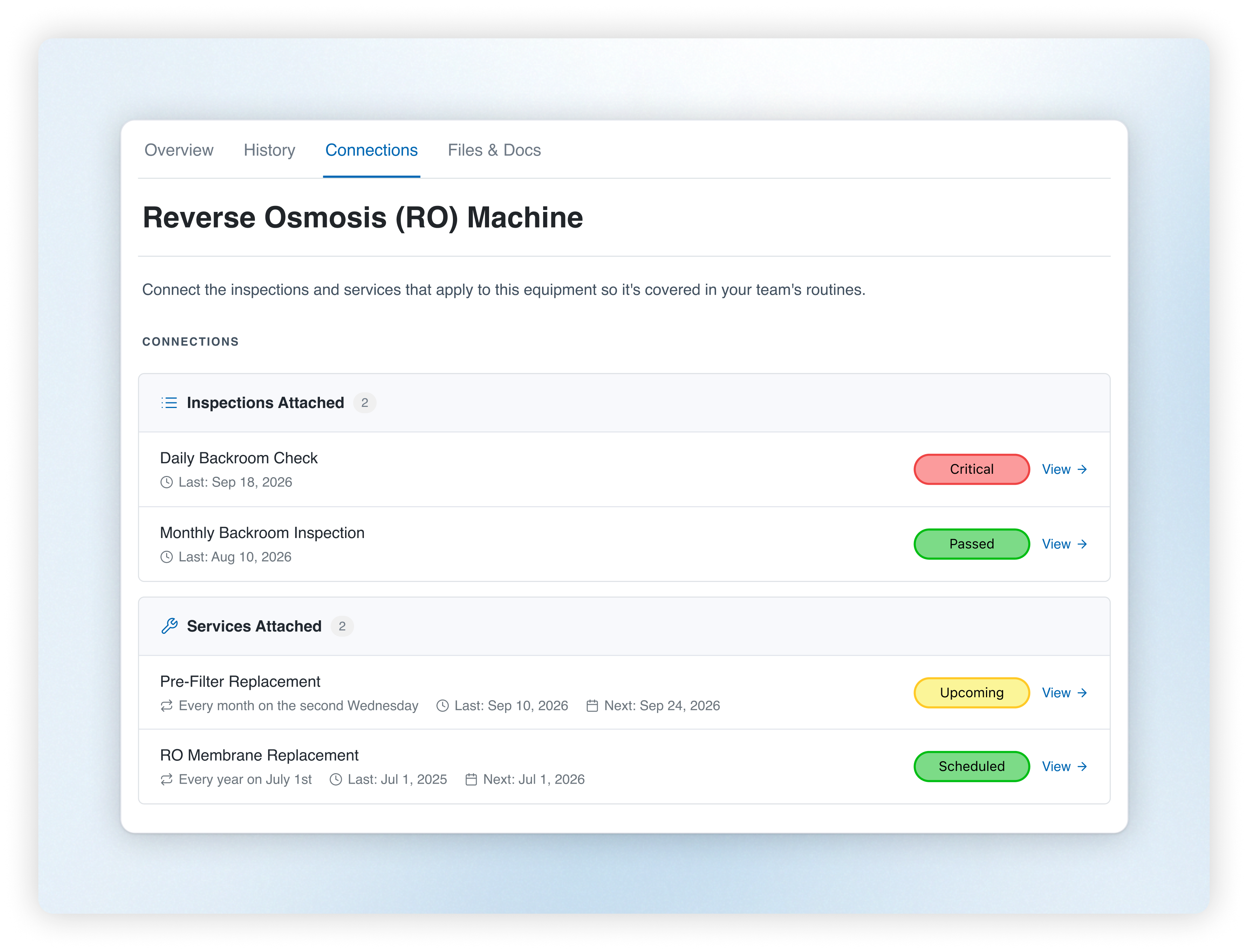 RO machine in WashUp showing connected car wash inspections and preventive maintenance services with current statuses.