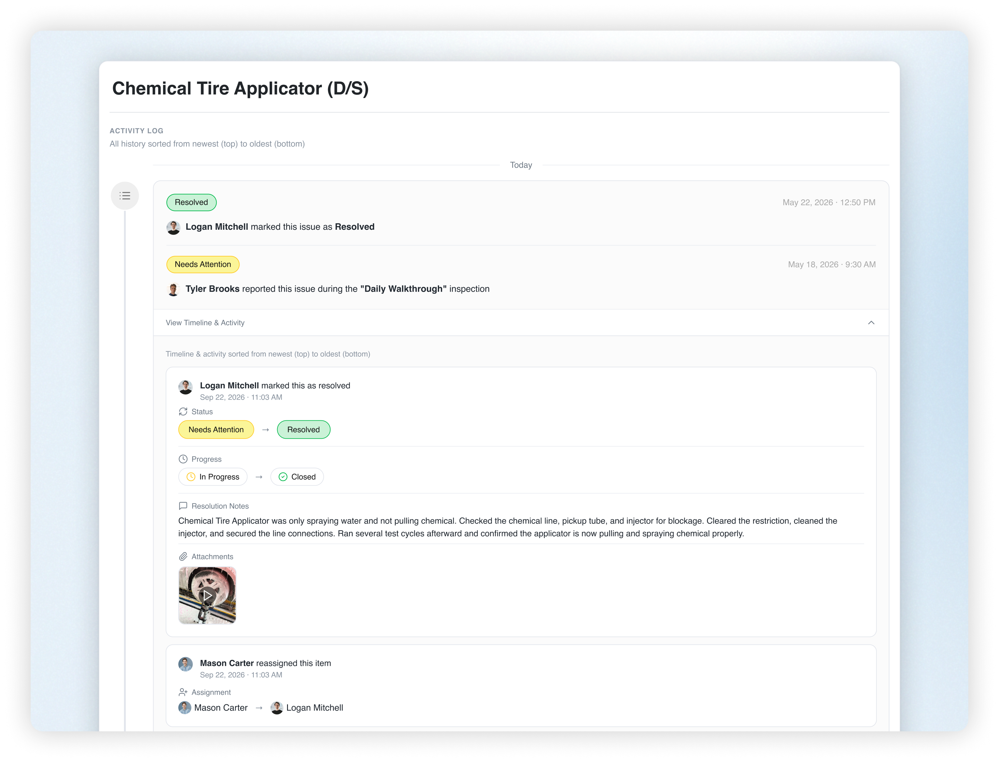 Chemical tire applicator equipment history in WashUp showing a reported issue, repair notes, status changes, and resolution.