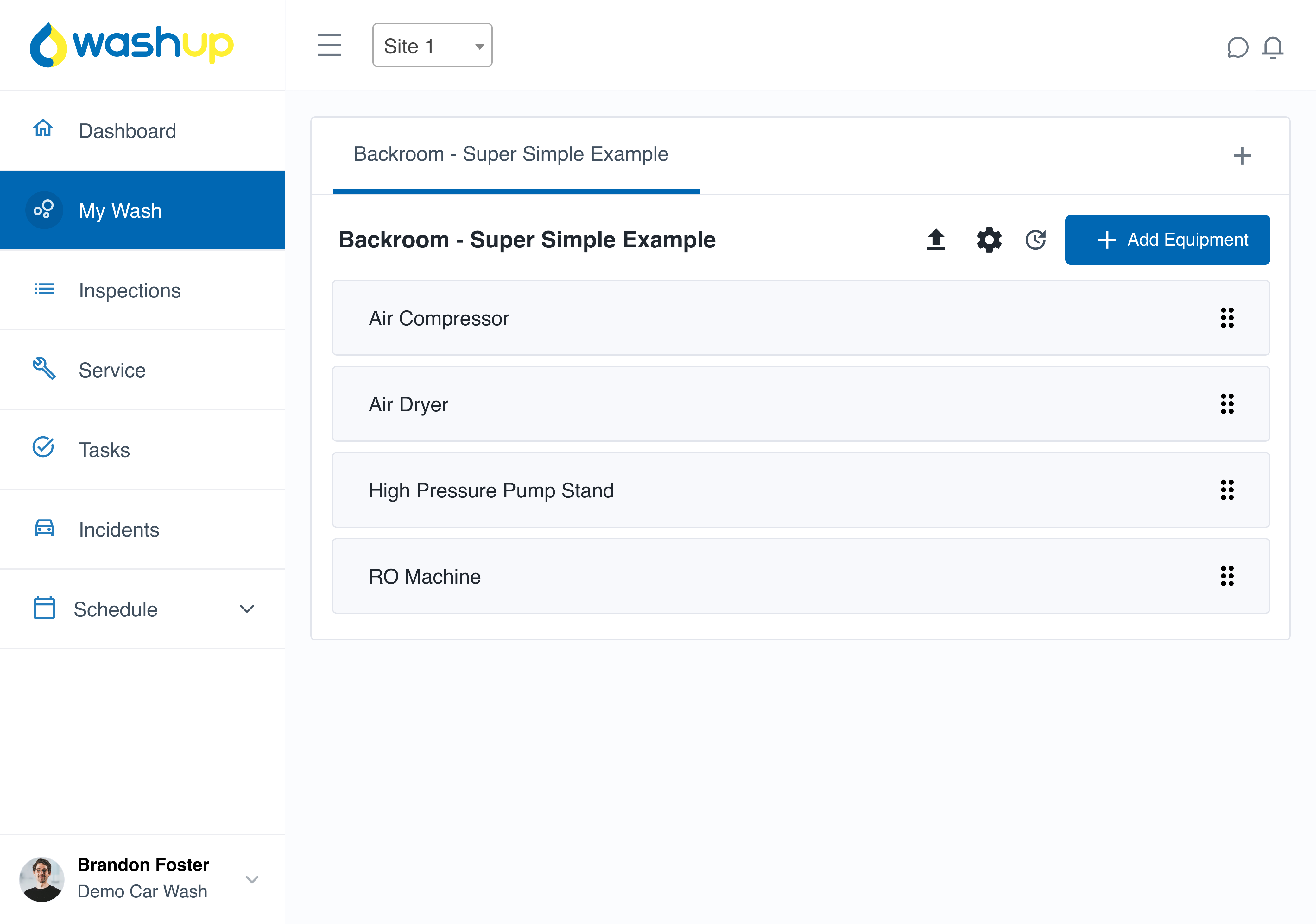 Super simple in-bay automatic backroom setup example shown in the My Wash feature of WashUp, displaying standard backroom systems and equipment that support in-bay automatic operations.