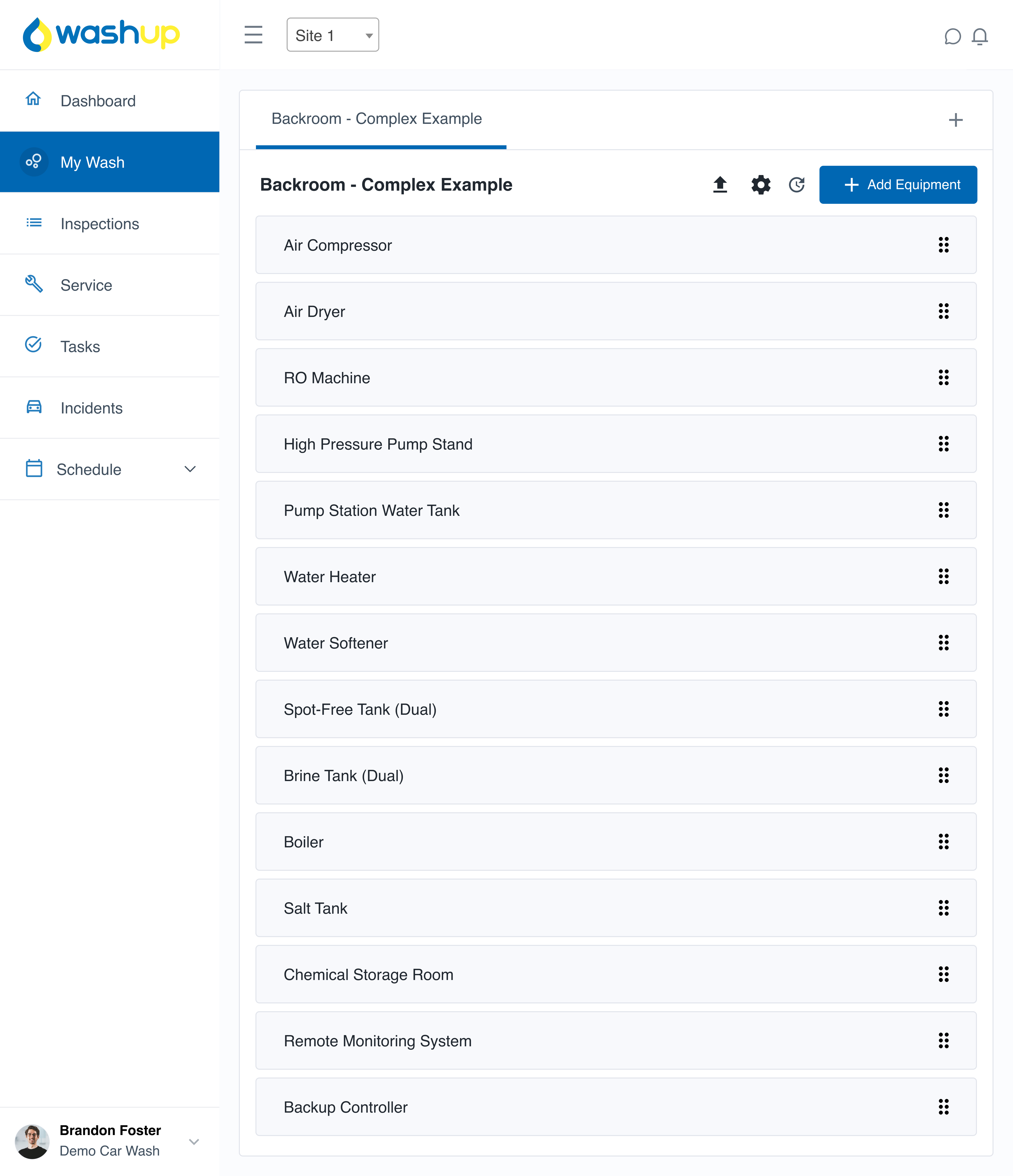 Complex in-bay automatic backroom setup example shown in the My Wash feature of WashUp, displaying standard backroom systems and equipment that support in-bay automatic operations.