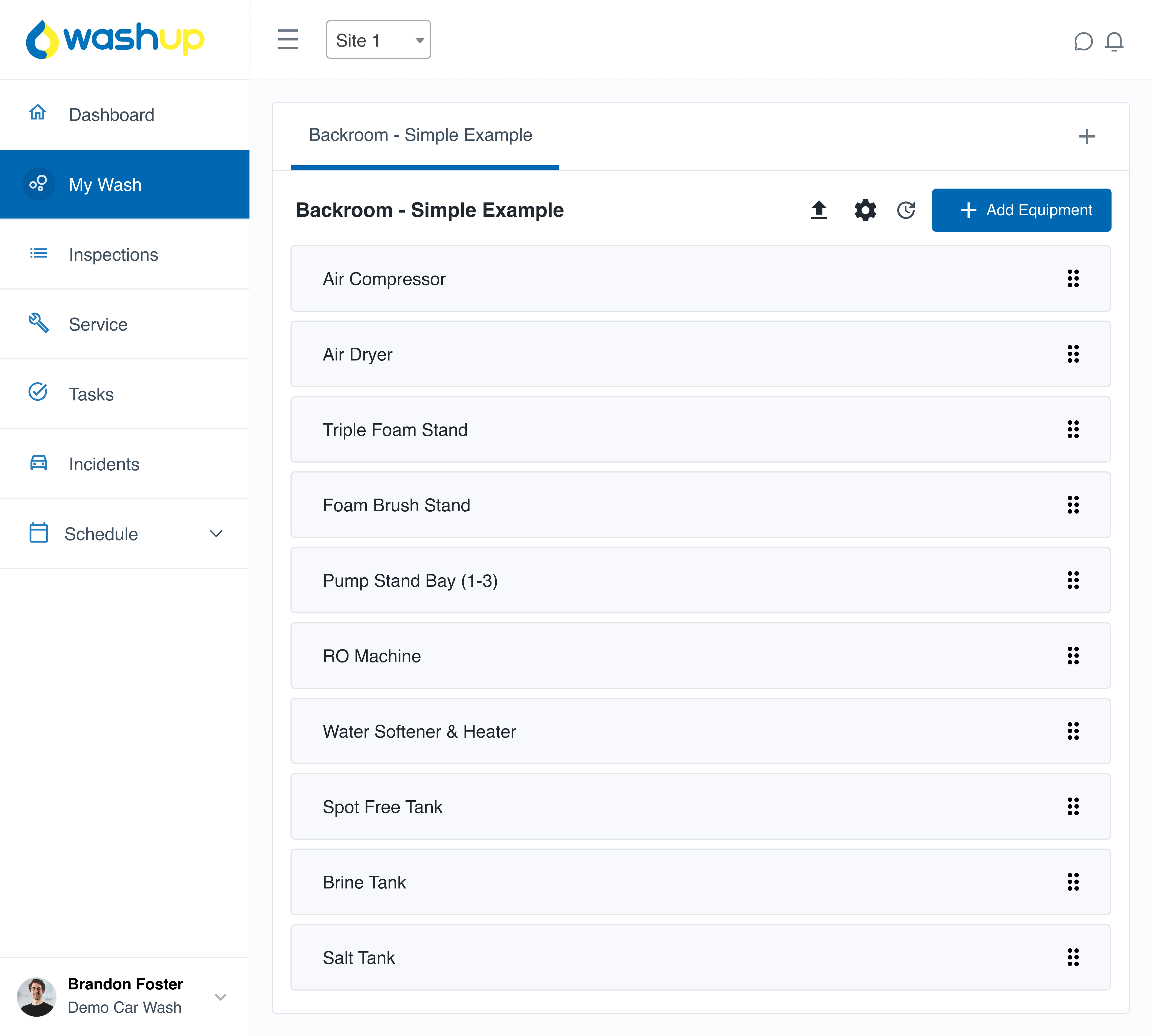 Simple self-serve backroom setup example shown in the My Wash feature of WashUp, displaying standard backroom systems and equipment that support self-serve operations.