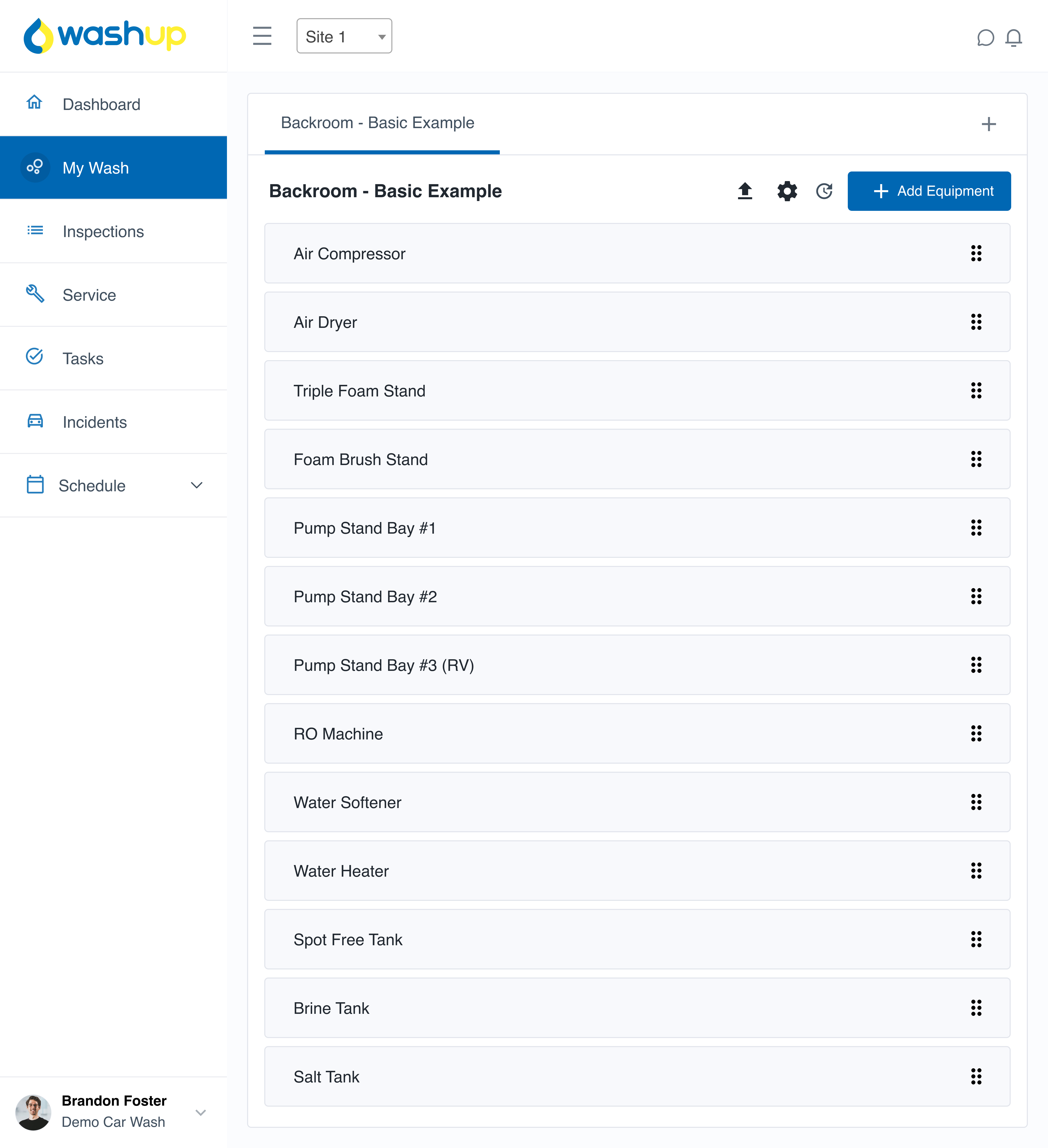 Basic self-serve backroom setup example shown in the My Wash feature of WashUp, displaying standard backroom systems and equipment that support self-serve operations.