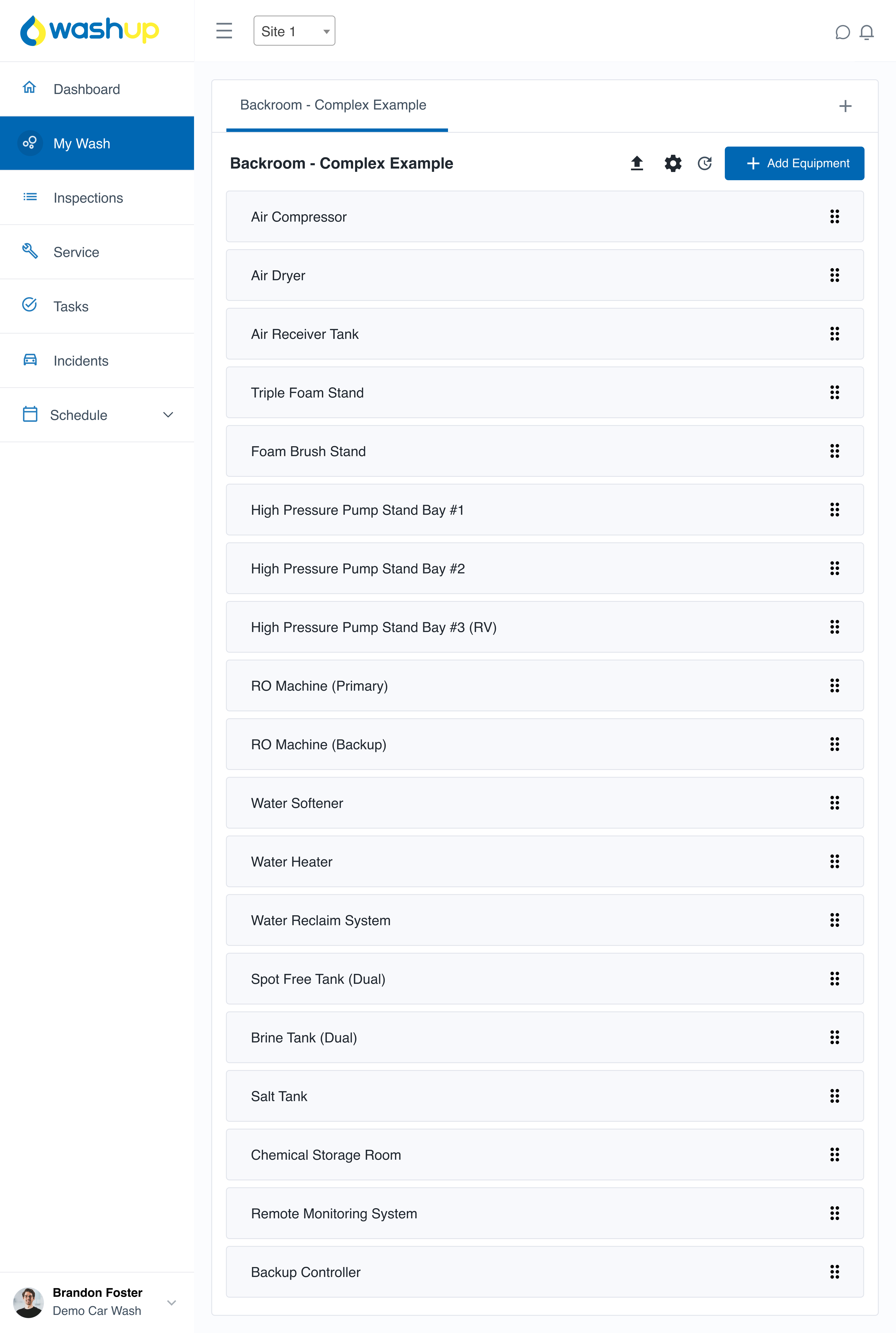 Complex self-serve backroom setup example shown in the My Wash feature of WashUp, displaying standard backroom systems and equipment that support self-serve operations.