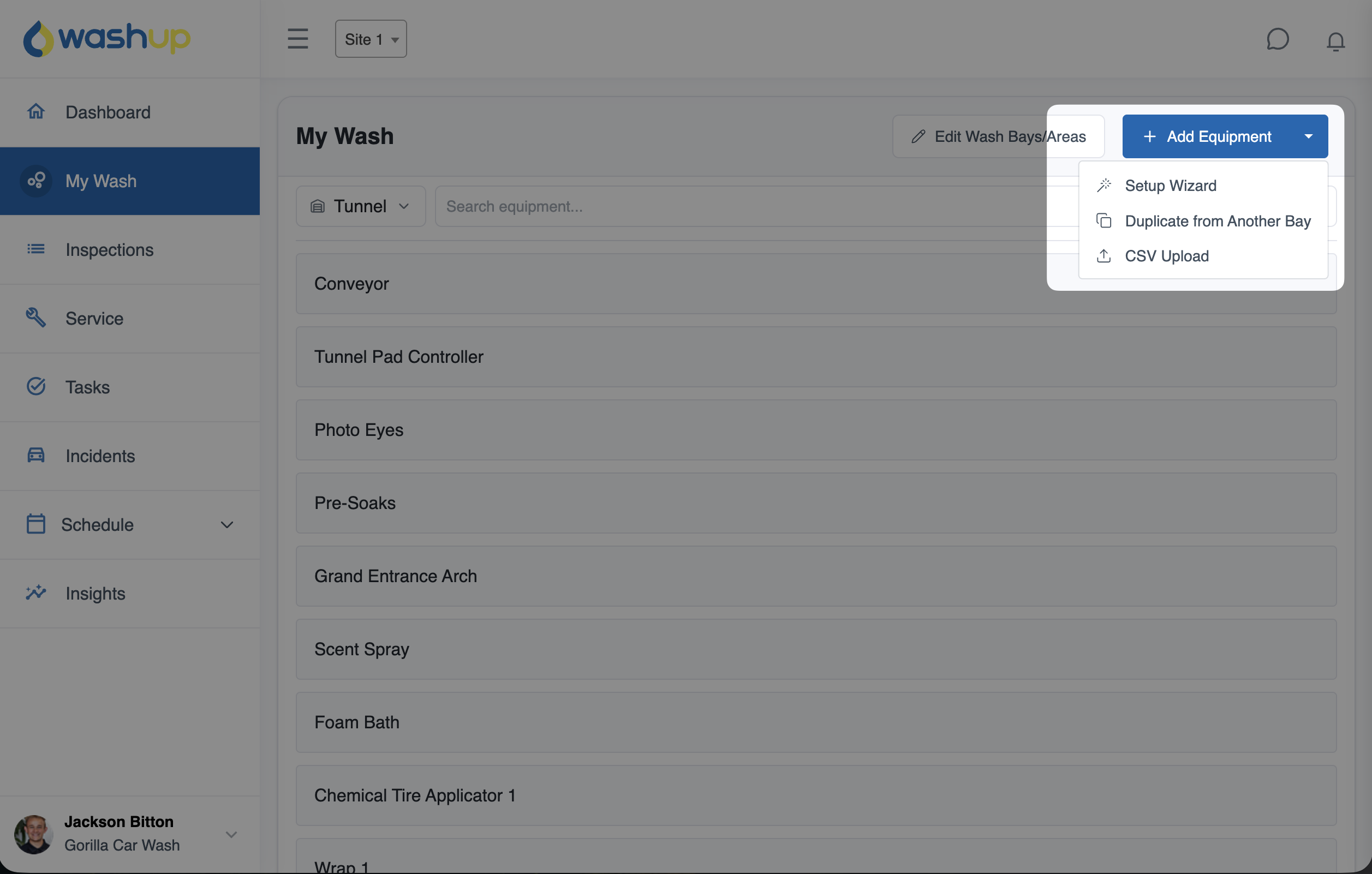 My Wash Add Equipment menu showing Setup Wizard, Duplicate from Another Bay, and CSV Upload options.