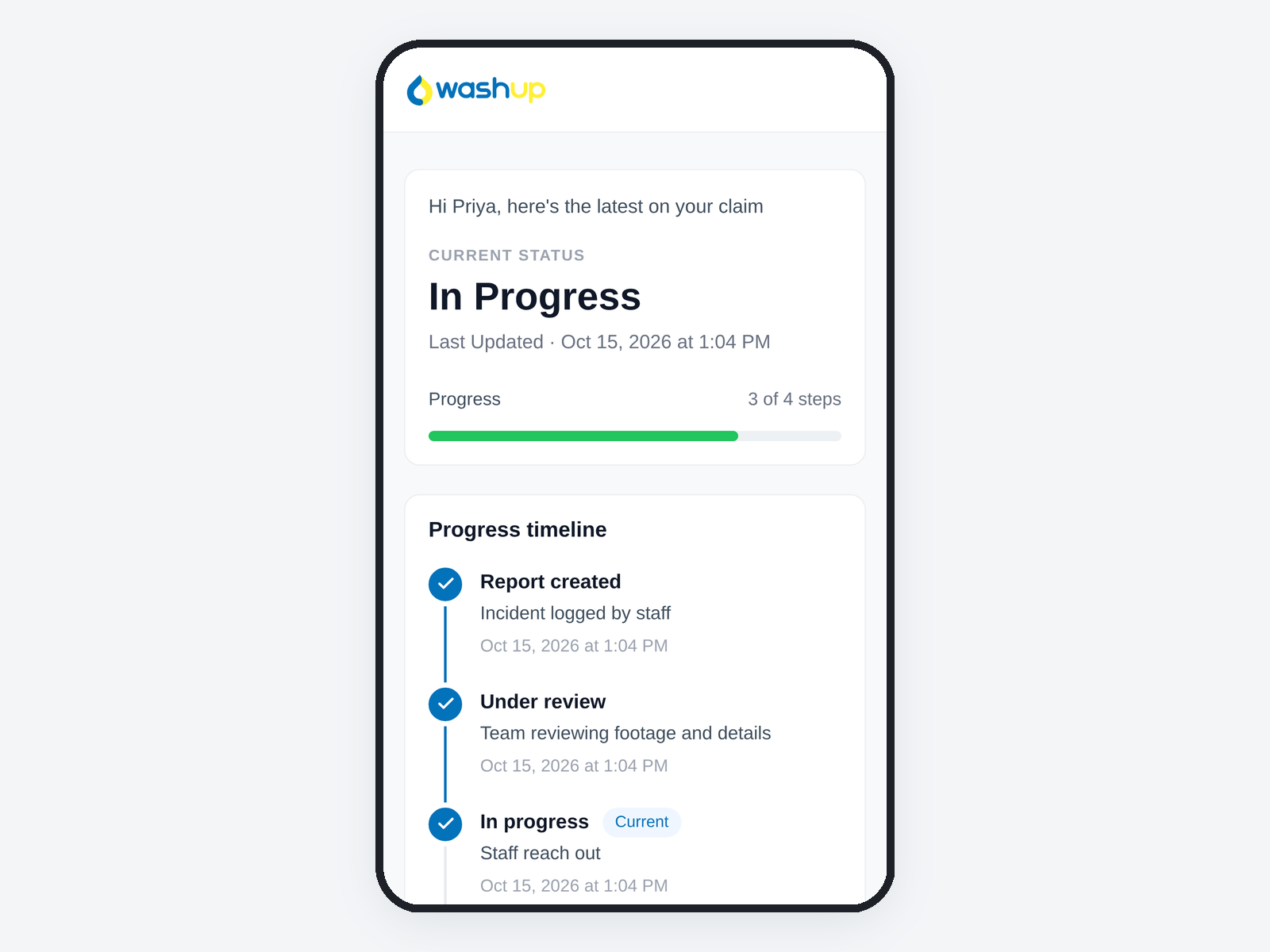 Customer tracking page on a phone showing a claim In Progress, 3 of 4 steps complete, and a progress timeline.
