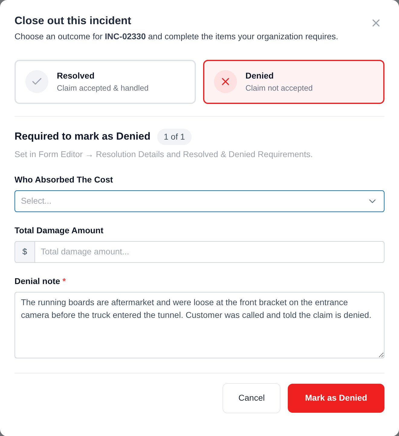 WashUp close-out window with Denied selected, showing Who Absorbed The Cost, Total Damage Amount, and a completed denial note.