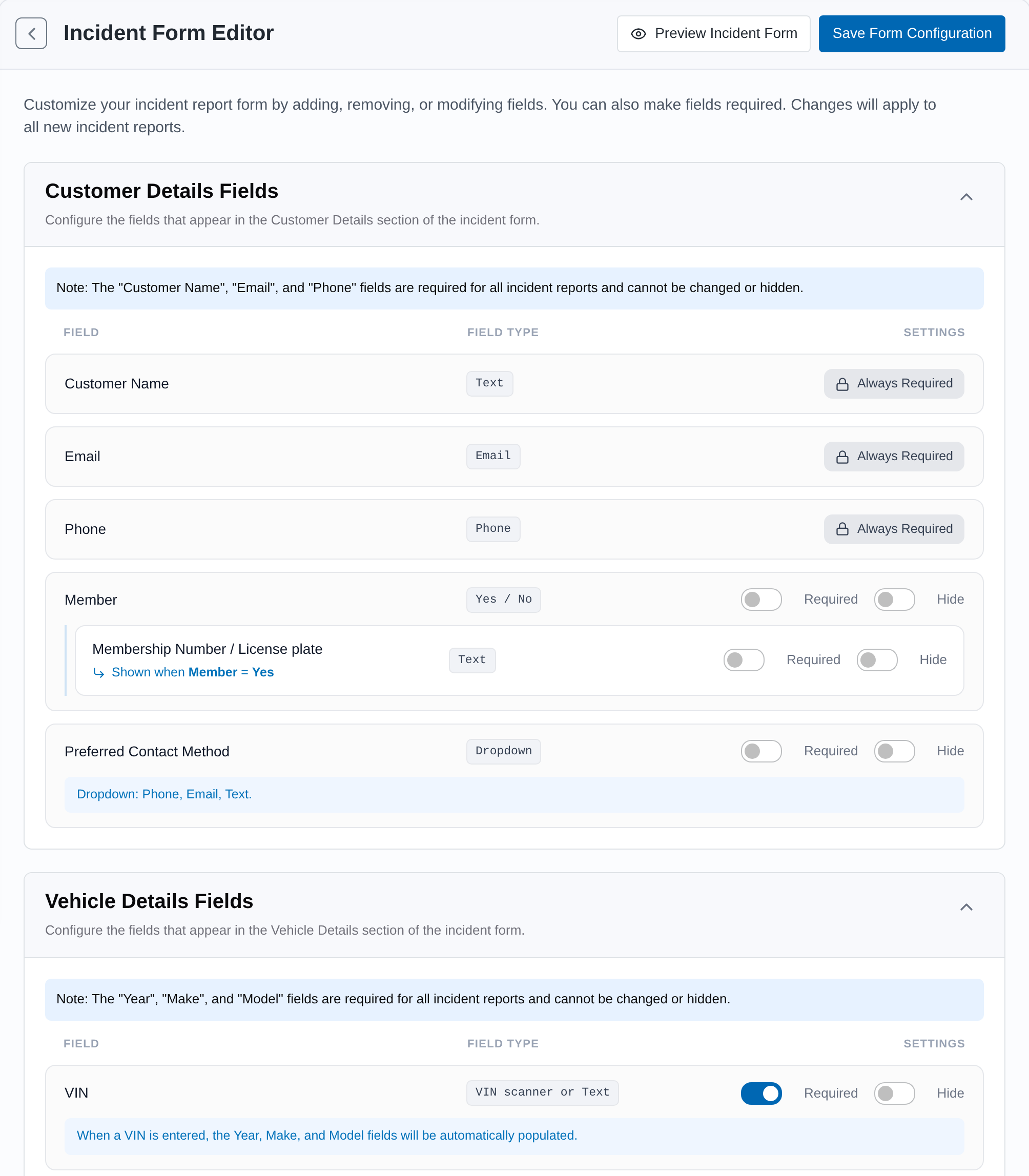 WashUp Incident Form Editor showing Always Required fields and Required and Hide switches for Customer and Vehicle Details.