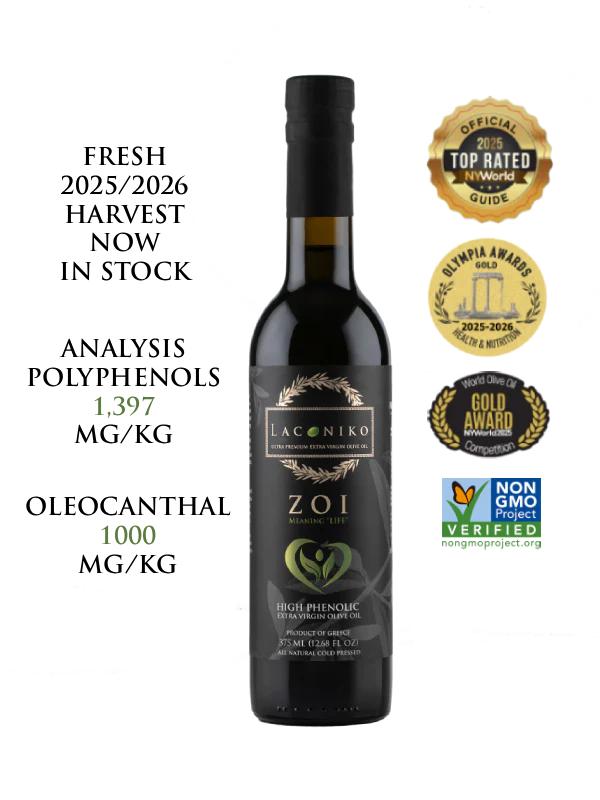 Black 375ml bottle of laconiko zoi high polyphenol olive oil.
