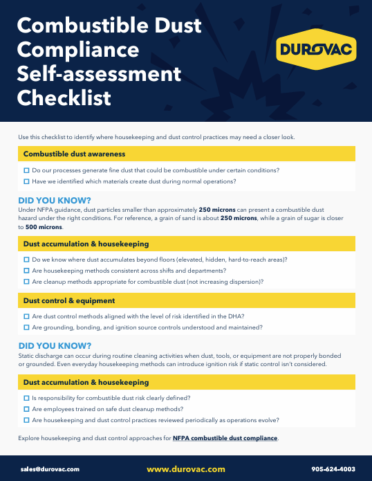 Checklist titled 'Combustible Dust Compliance Self-assessment Checklist' from Durovac with sections on combustible dust awareness, dust accumulation and housekeeping, dust control and equipment, and dust accumulation and housekeeping questions with NFPA combustible dust compliance note.