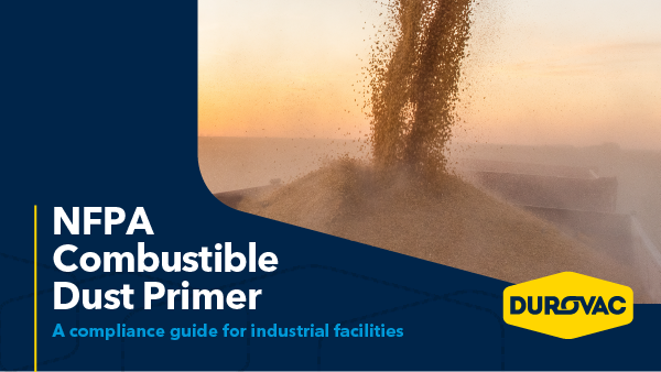 Dust being discharged into the air over an industrial setting with NFPA dust primer text overlay.