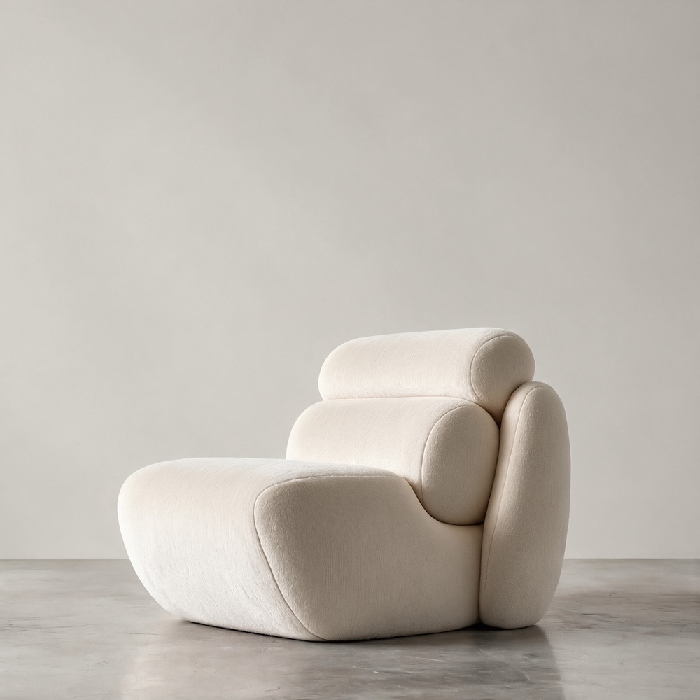 SARTO | LOUNGE CHAIR by Jordan Carlyle, ivory plush upholstery, side view