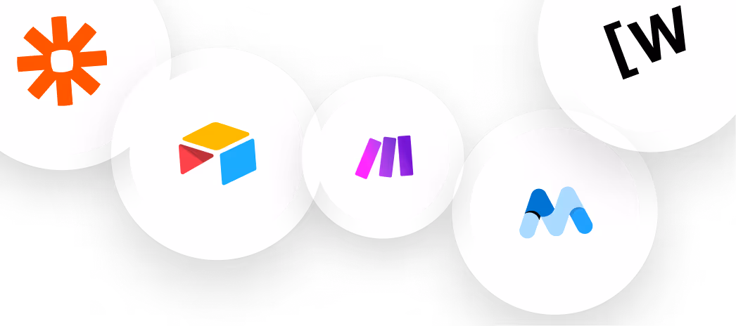 Circular icons displaying logos of Zapier, Airtable, Miro, and other collaboration tools on a black background.