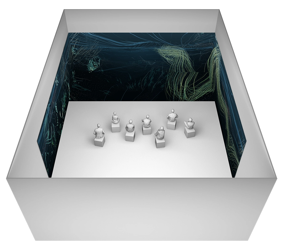 A 3D-rendered graphic showing the layout of the projection on three walls and the floor.