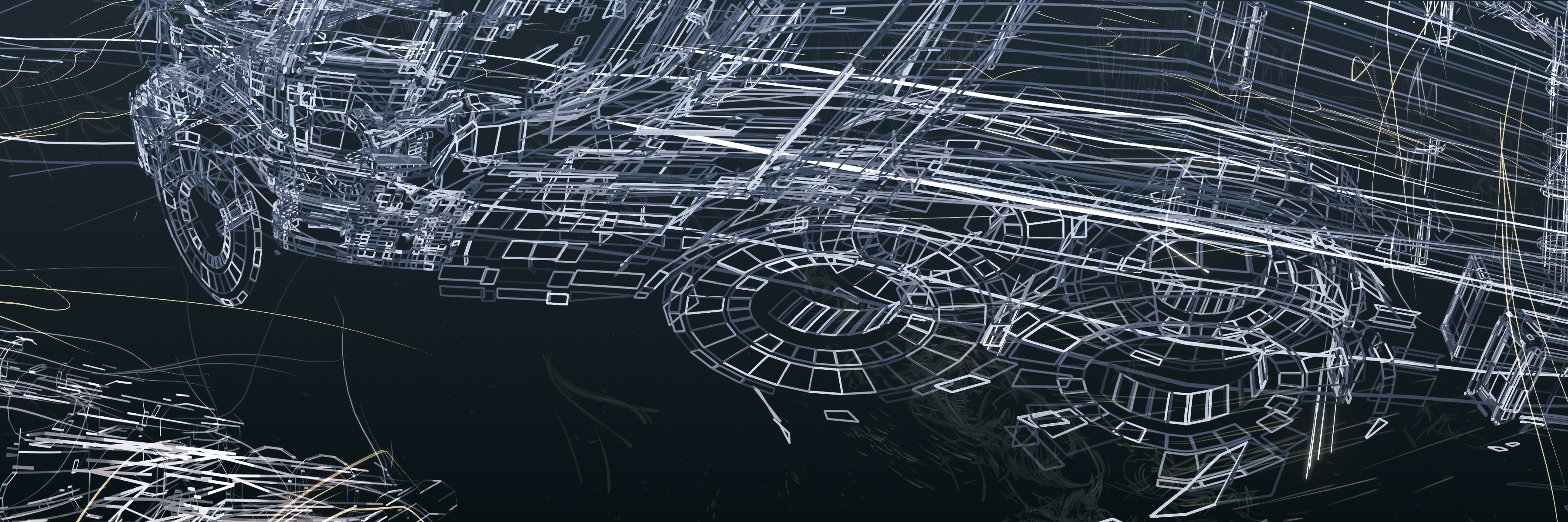 Warped wireframe lines make out the form of a semitrailer truck, with other abstract lines flying around it. 